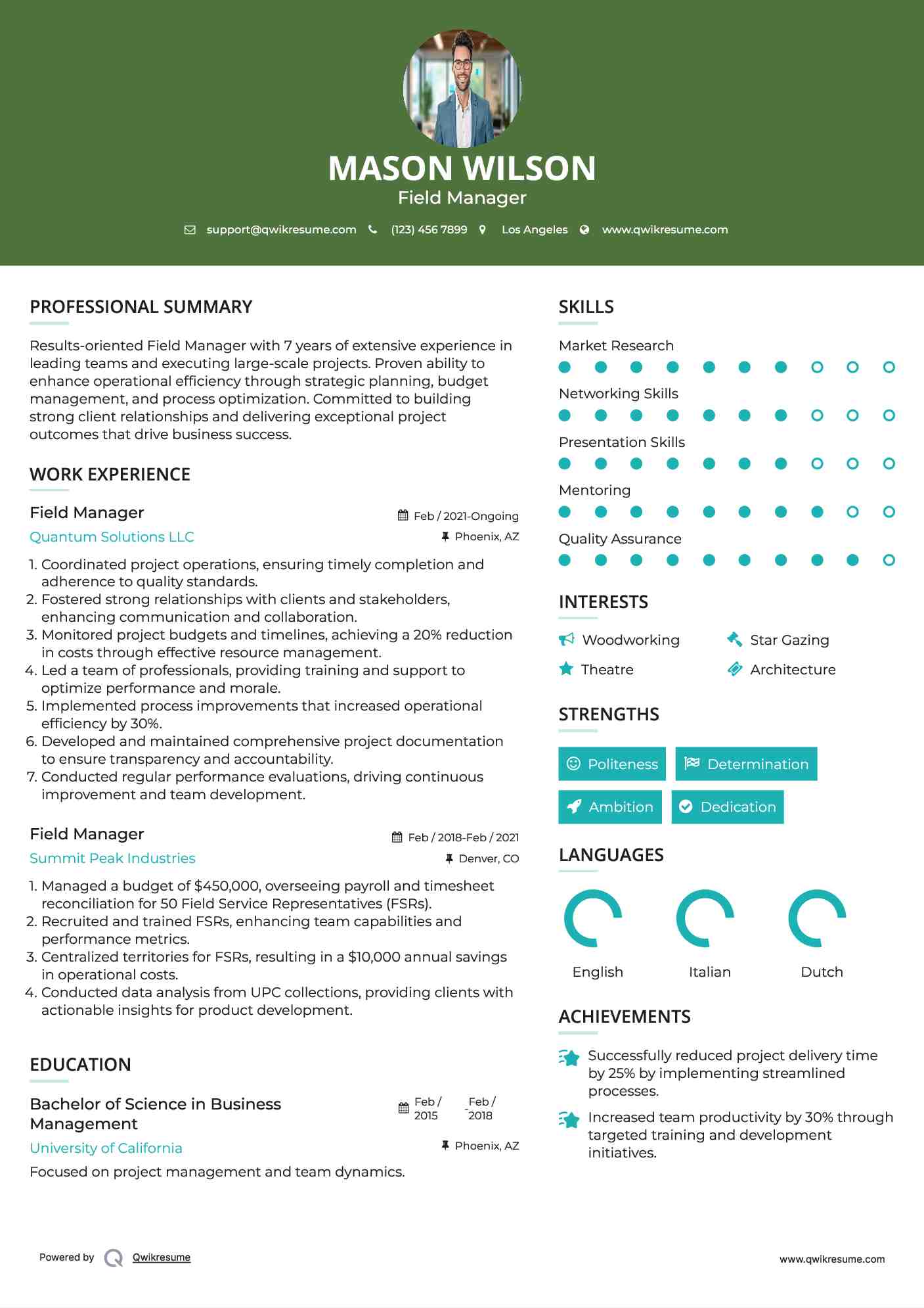 Field Manager Resume Sample