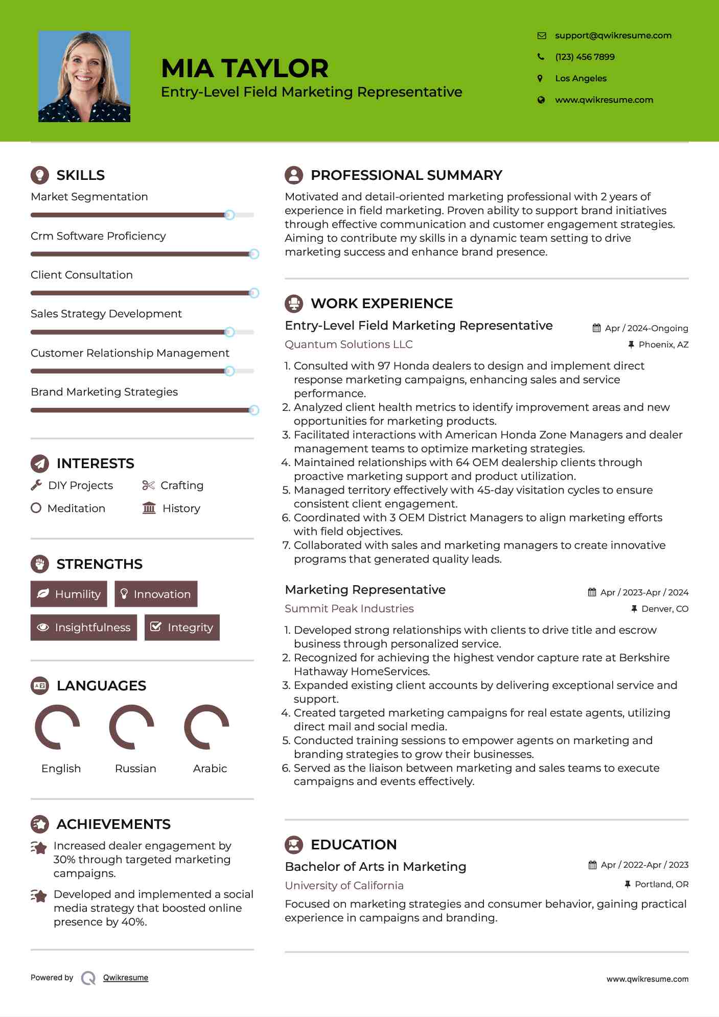 Entry-Level Field Marketing Representative Resume Sample