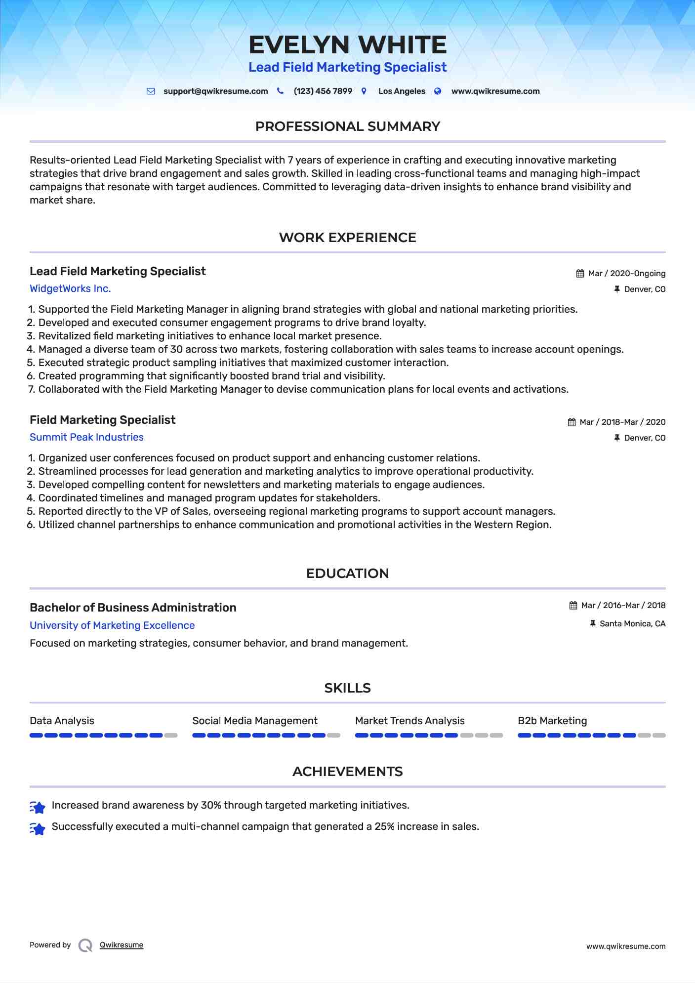 Lead Field Marketing Specialist Resume Example