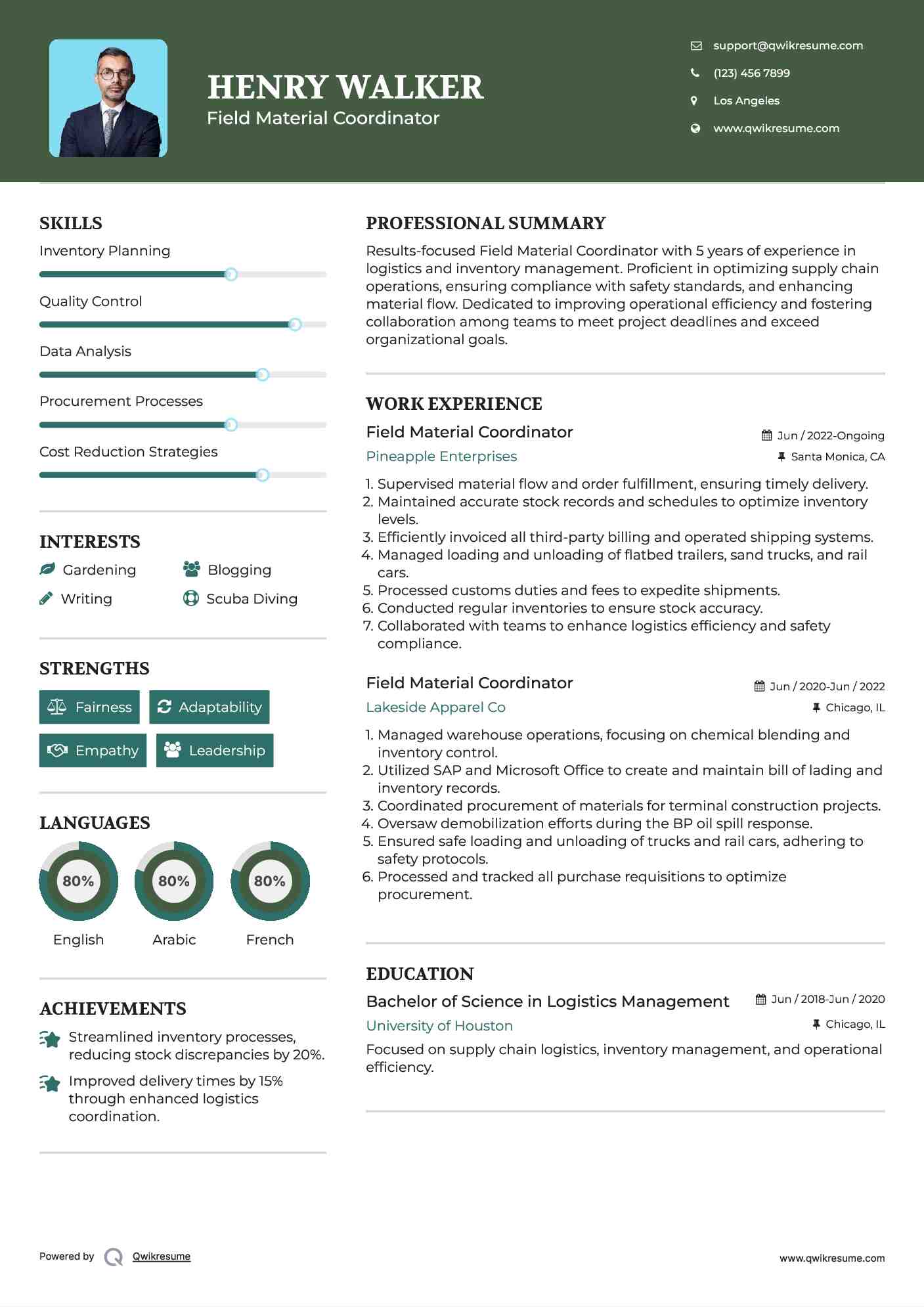 Field Material Coordinator Resume Format