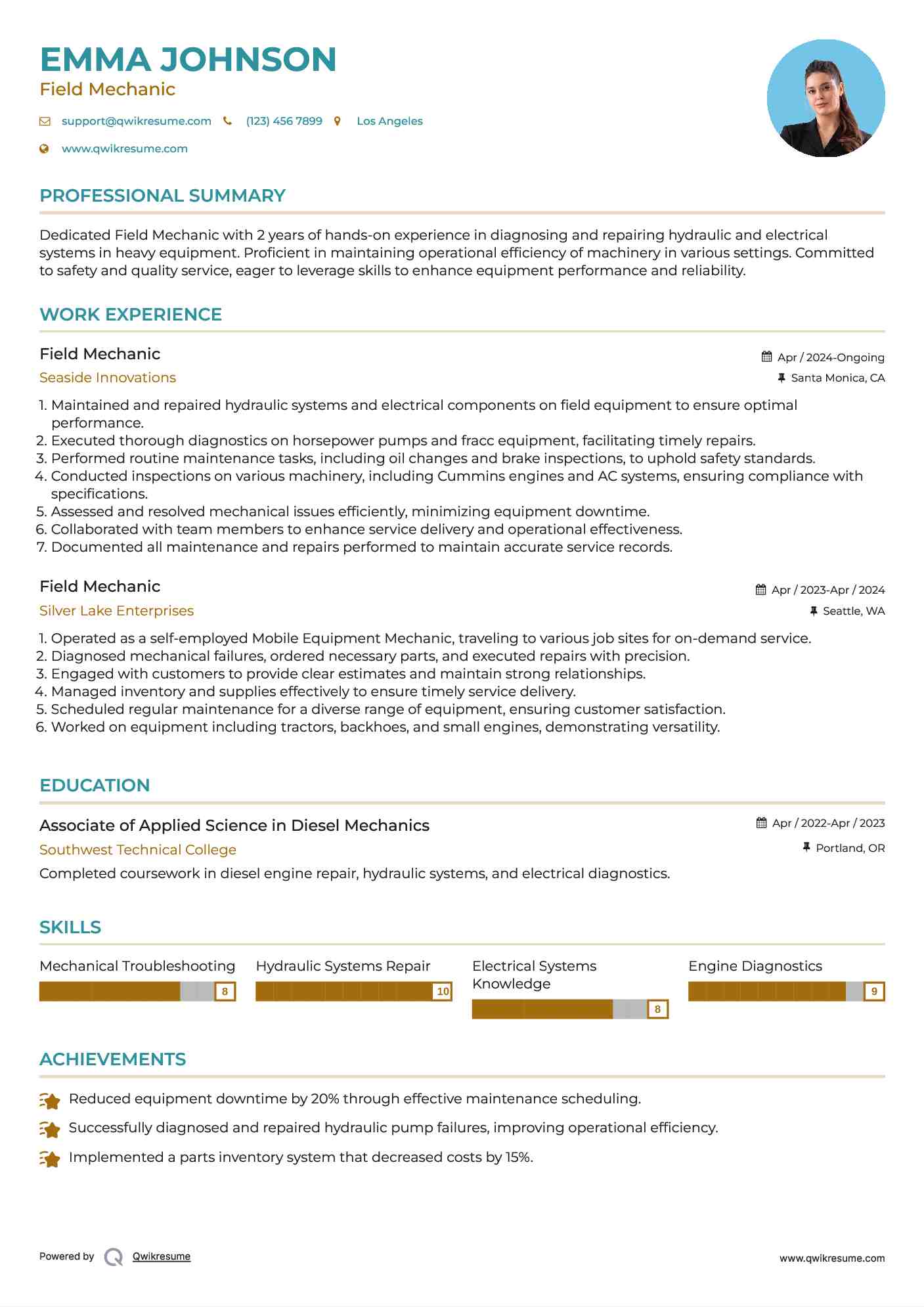 Field Mechanic Resume Model