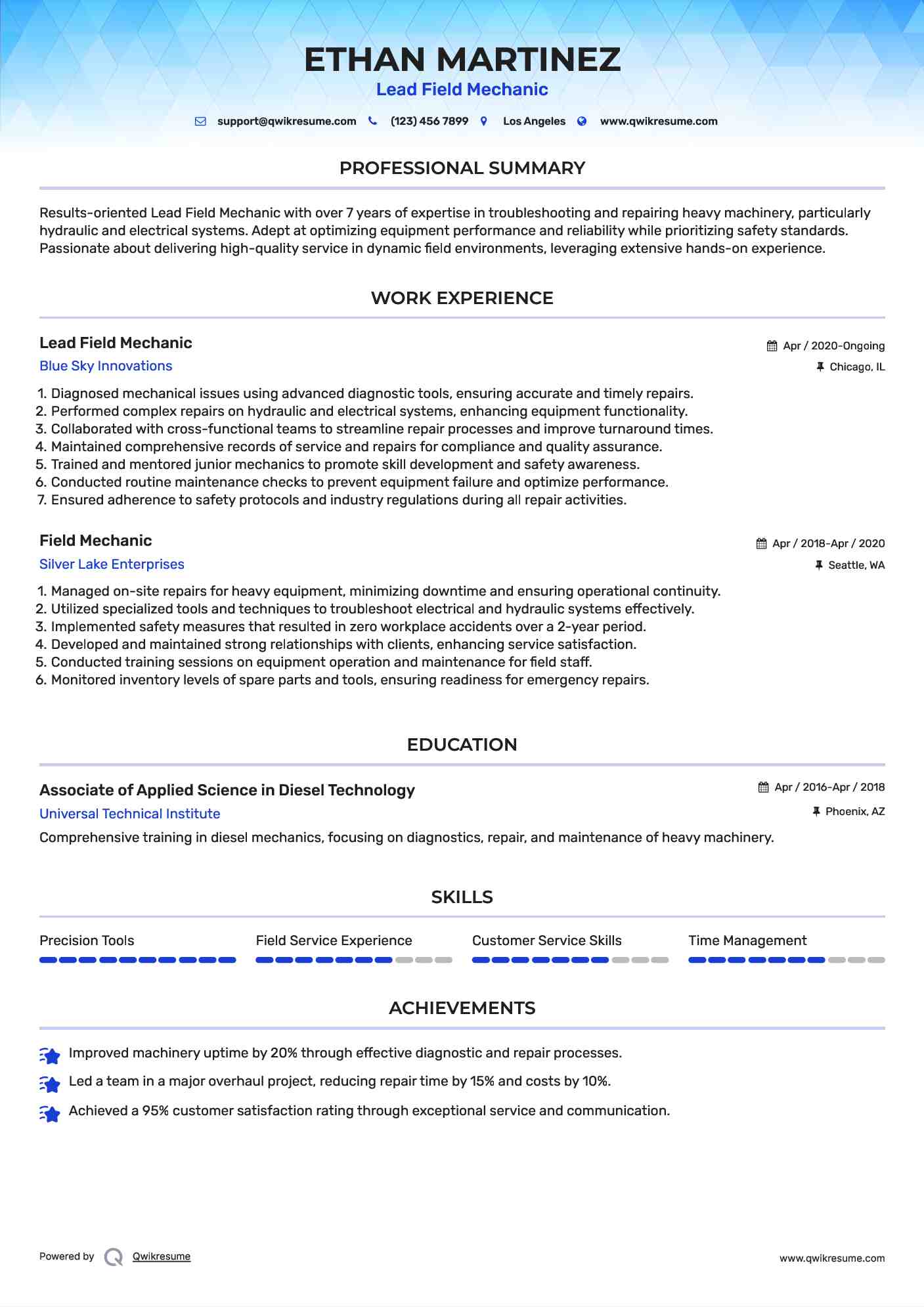 Lead Field Mechanic Resume Format