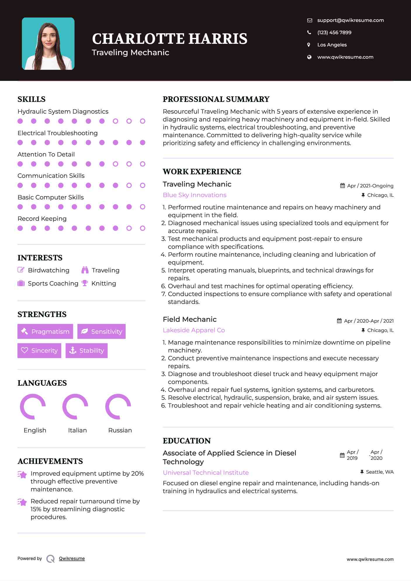 Traveling Mechanic Resume Example