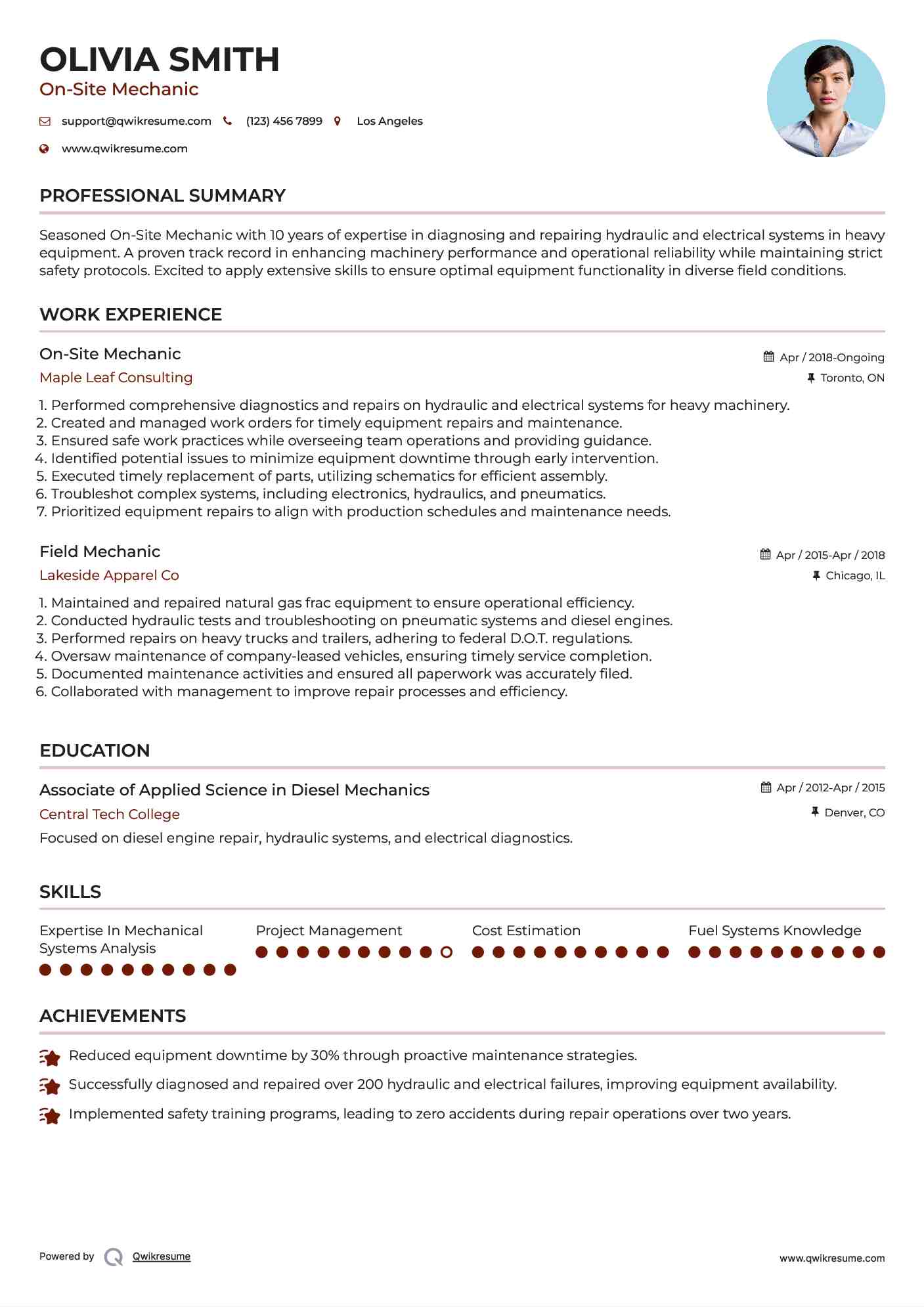 On-Site Mechanic Resume Format