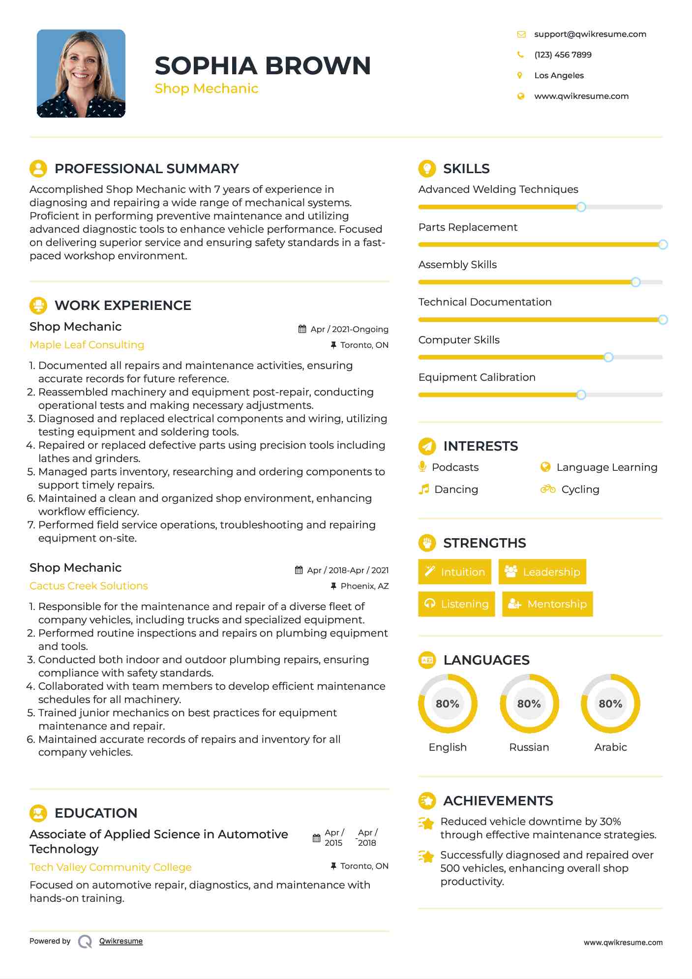 Shop Mechanic Resume Model