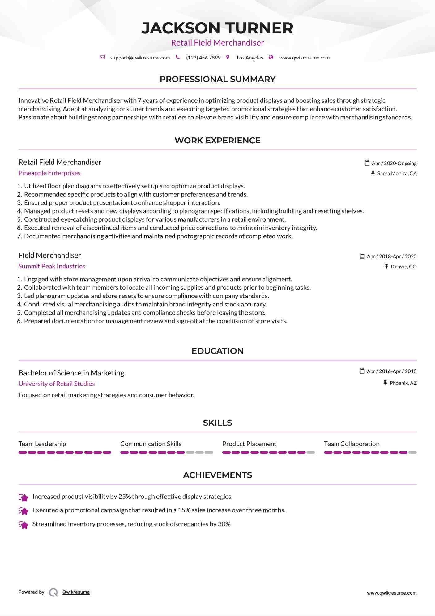 Retail Field Merchandiser Resume Model