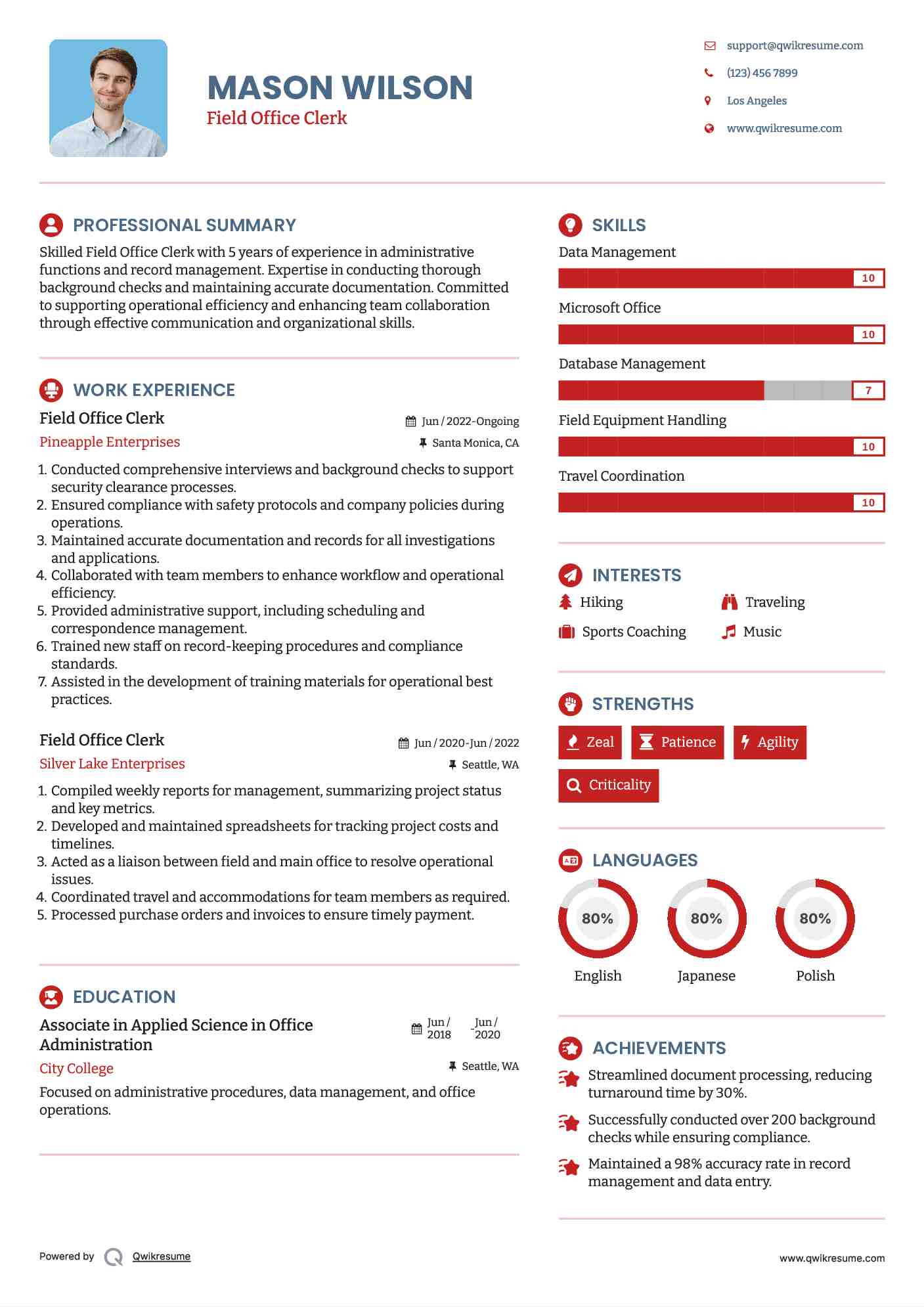 Field Office Clerk Resume Example