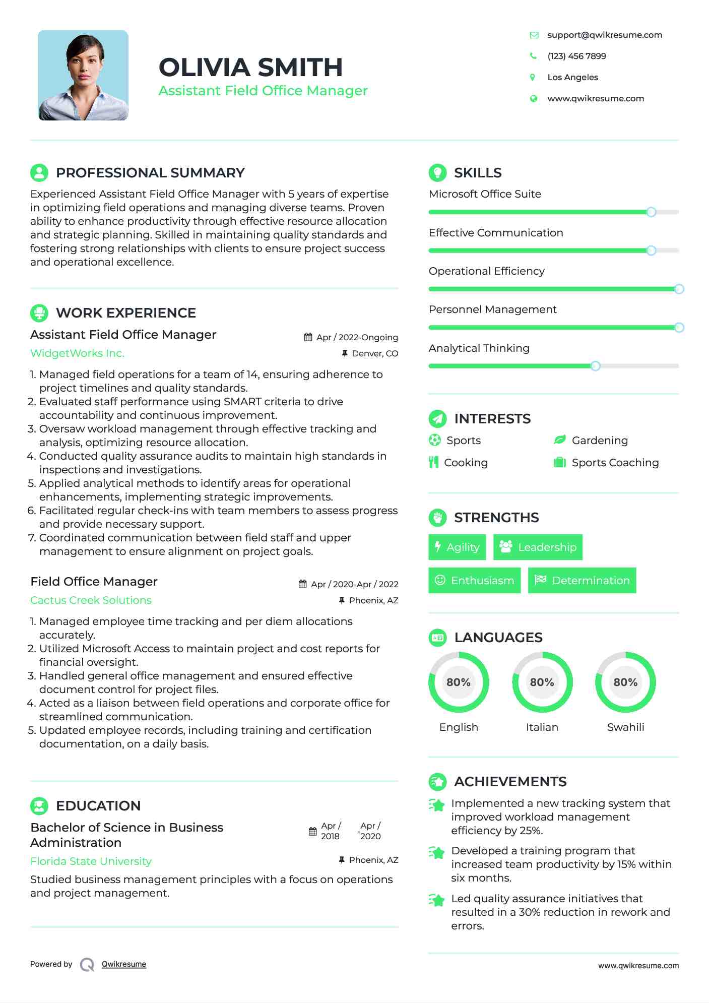 Assistant Field Office Manager Resume Format