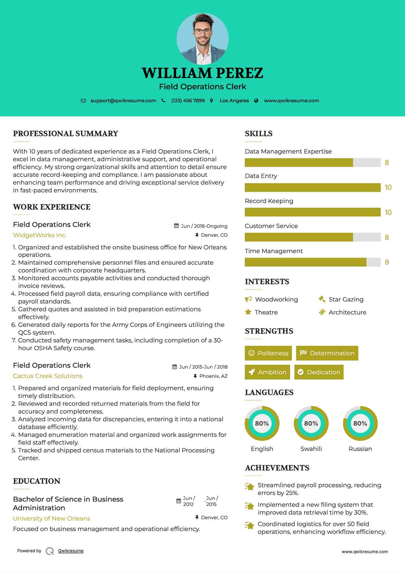 Field Operations Clerk Resume Example