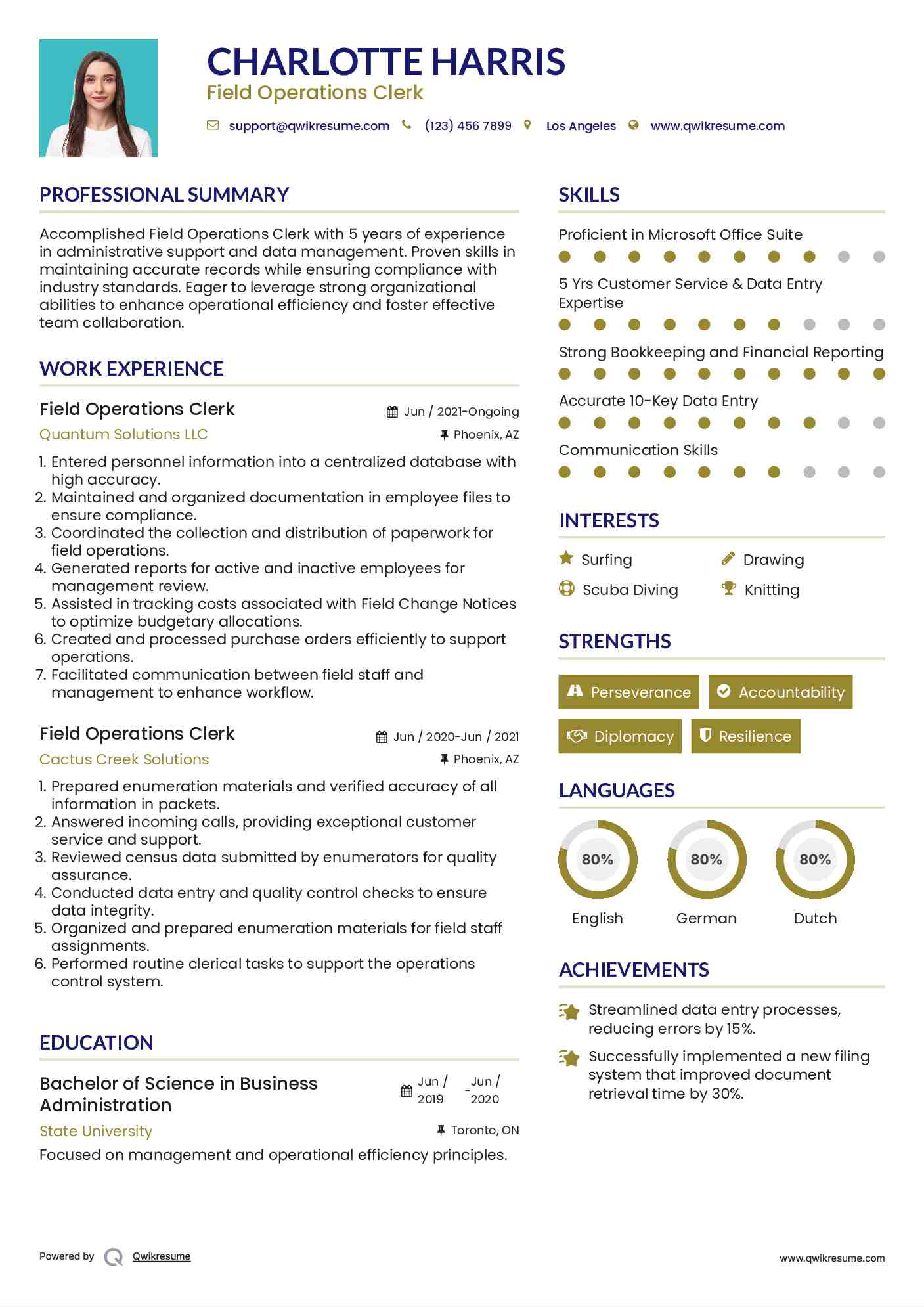 Field Operations Clerk Resume Template
