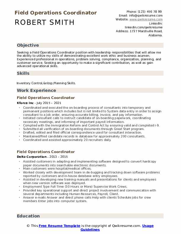 Field Operations Coordinator Resume Samples QwikResume