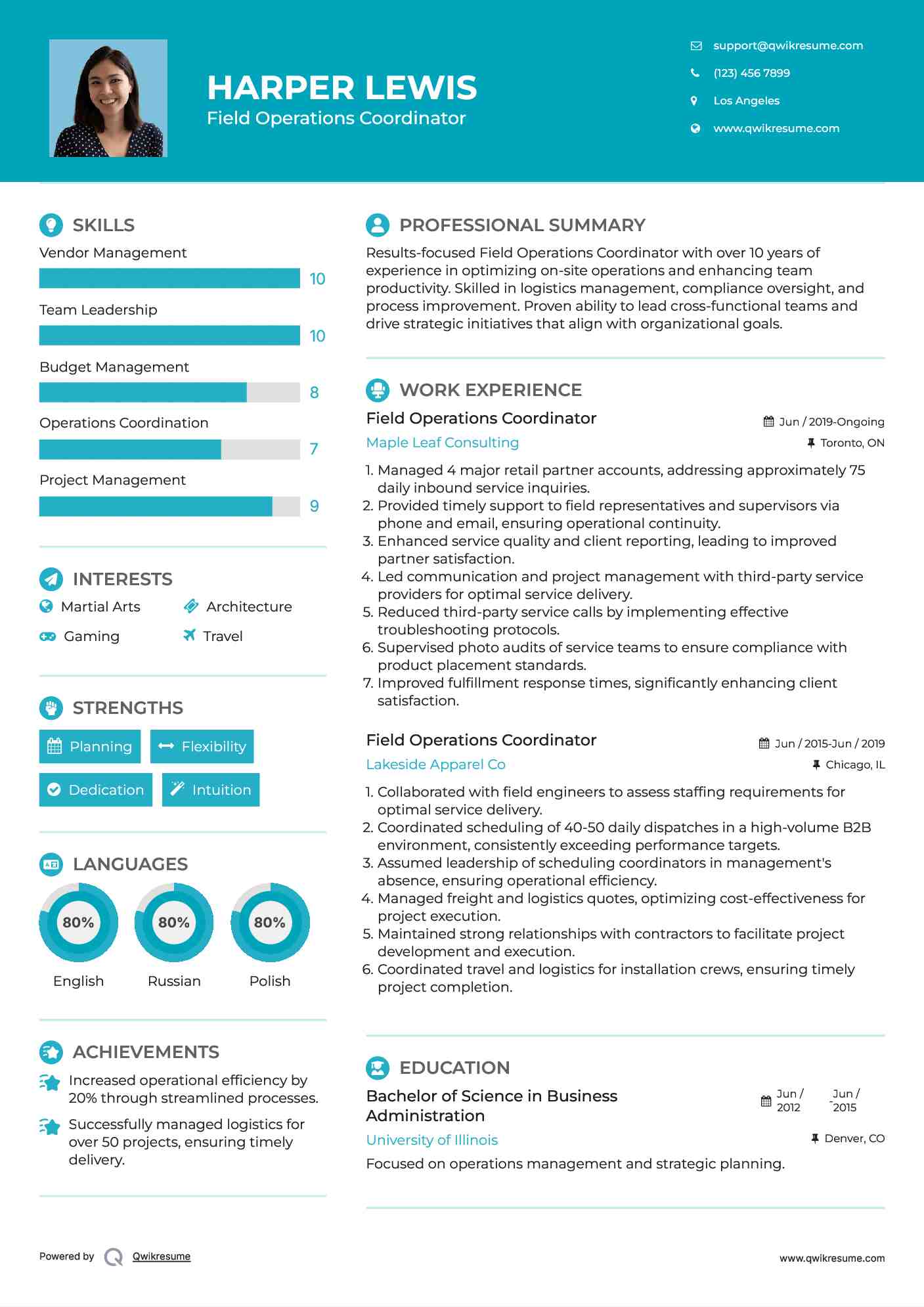 Field Operations Coordinator Resume Template