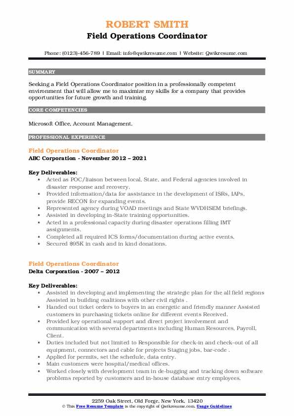 Field Operations Coordinator Resume Samples QwikResume