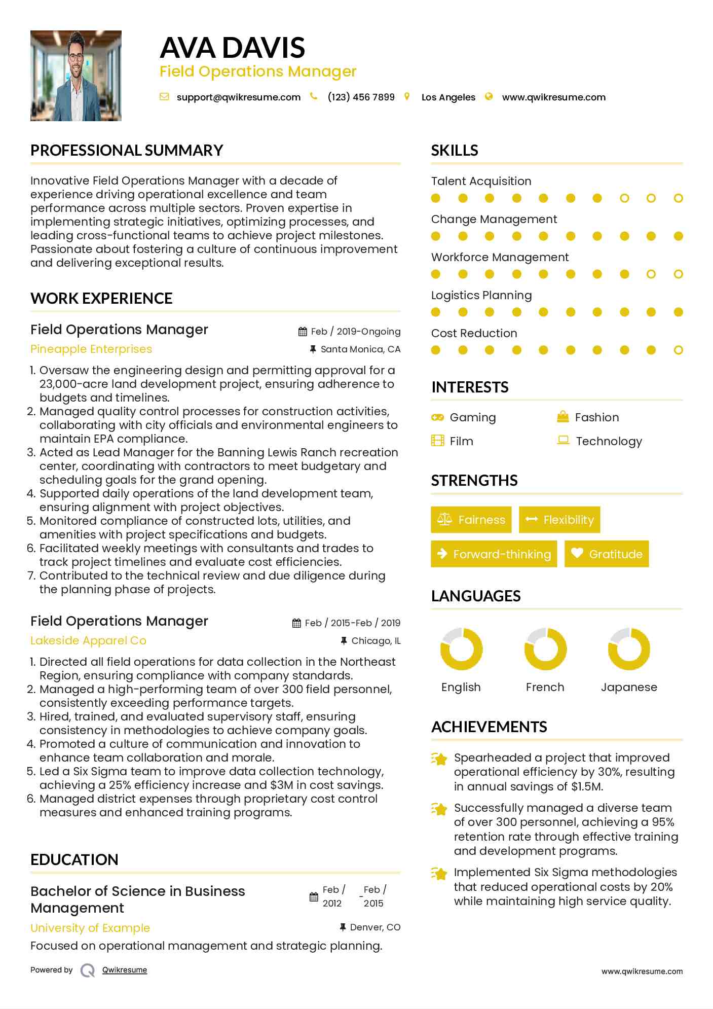 Field Operations Manager Resume Sample