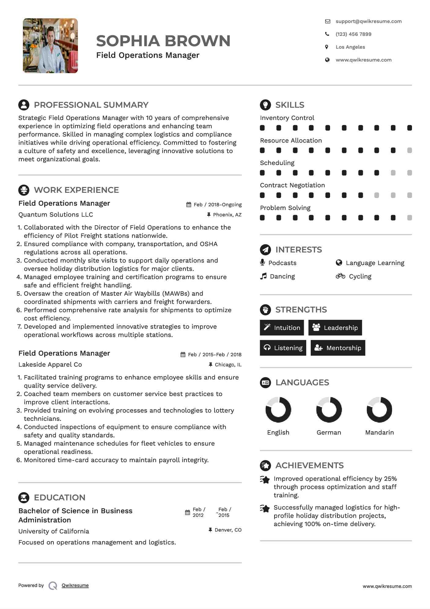 Field Operations Manager Resume Sample