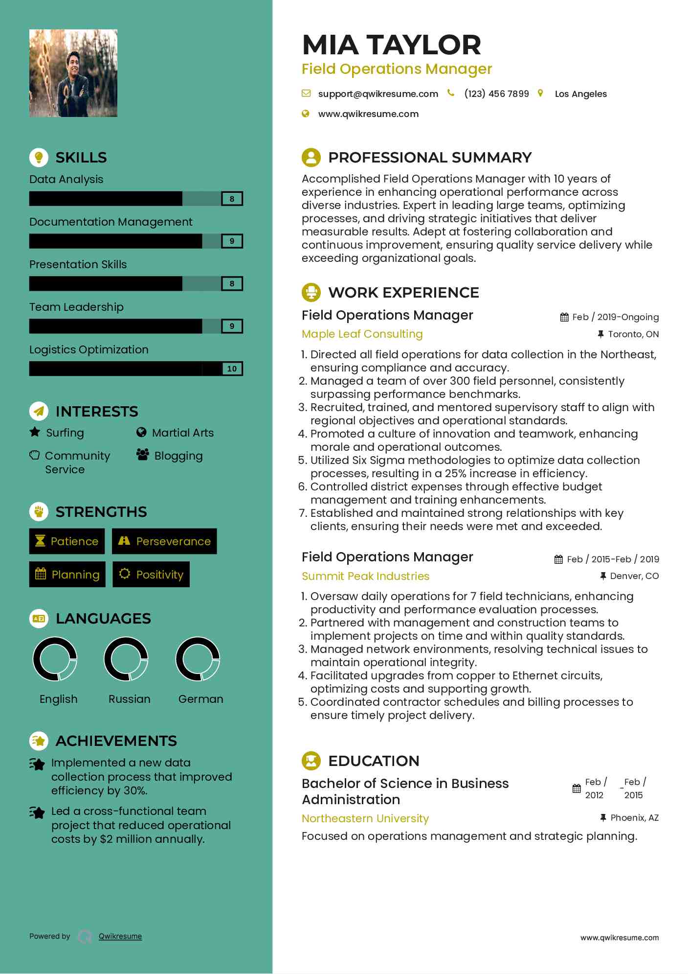 Field Operations Manager Resume Model