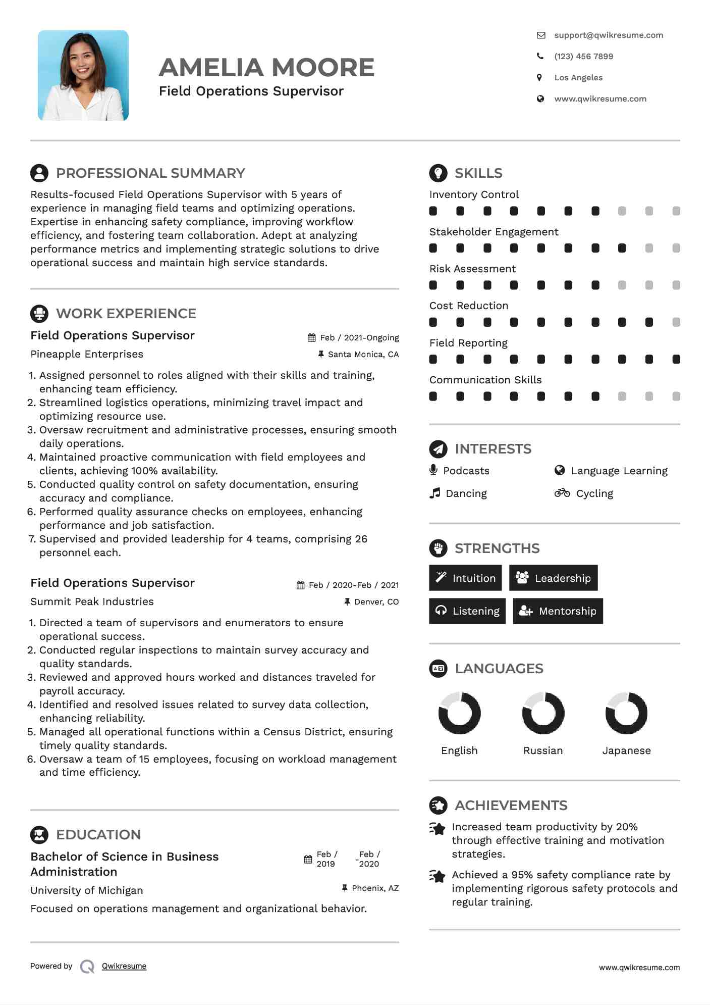 Field Operations Supervisor Resume Example