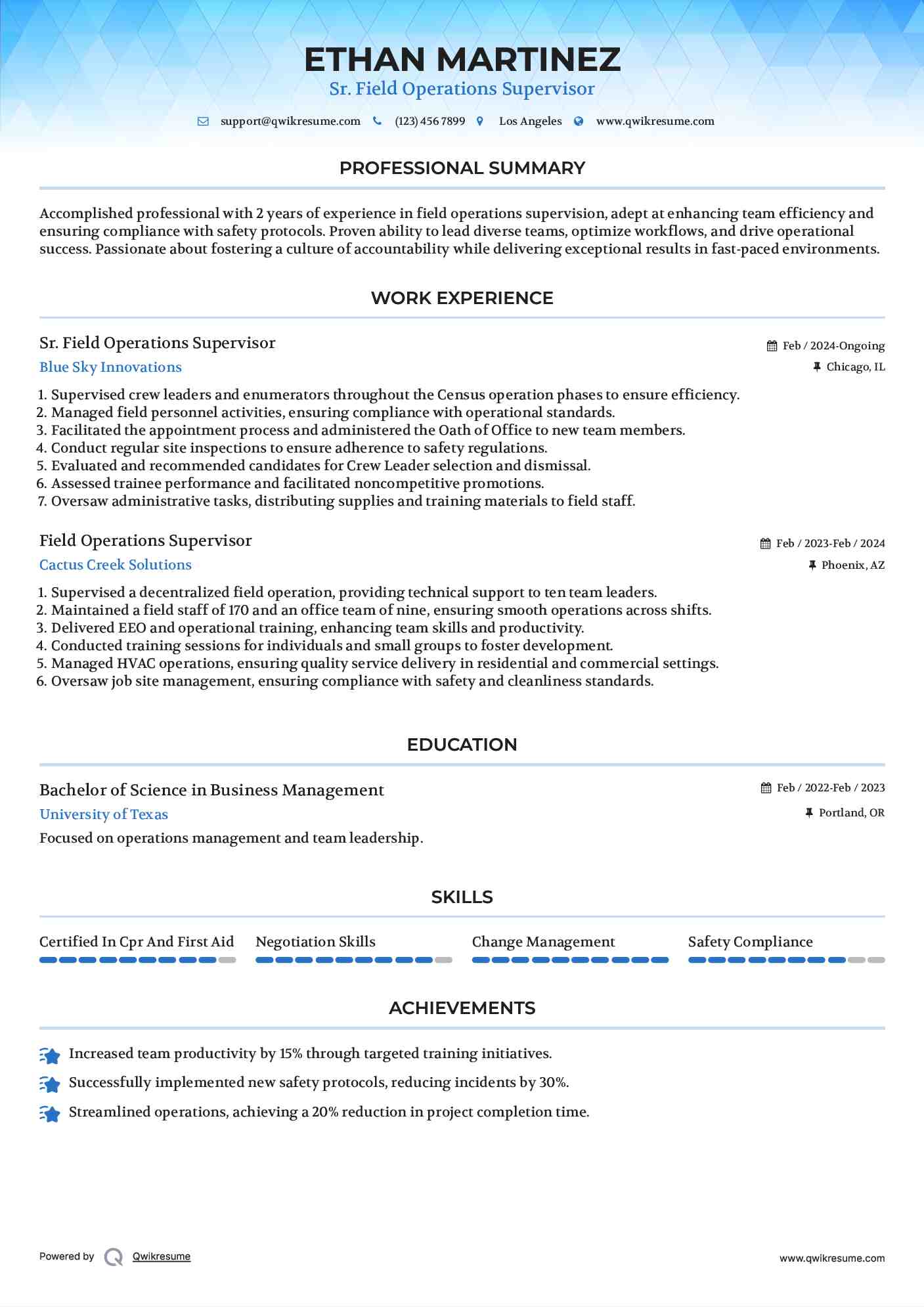 Sr. Field Operations Supervisor Resume Format