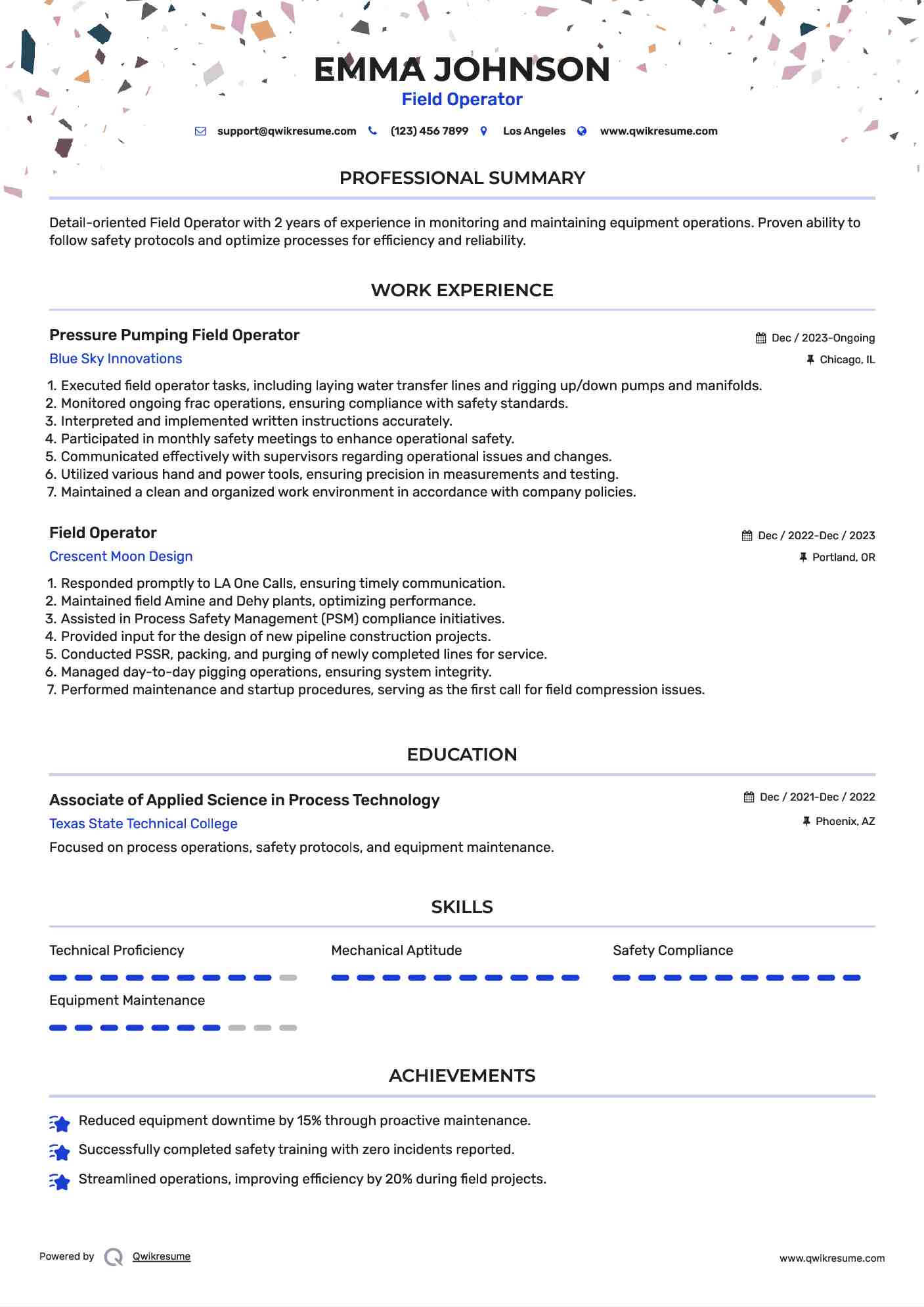 Pressure Pumping Field Operator Resume Sample