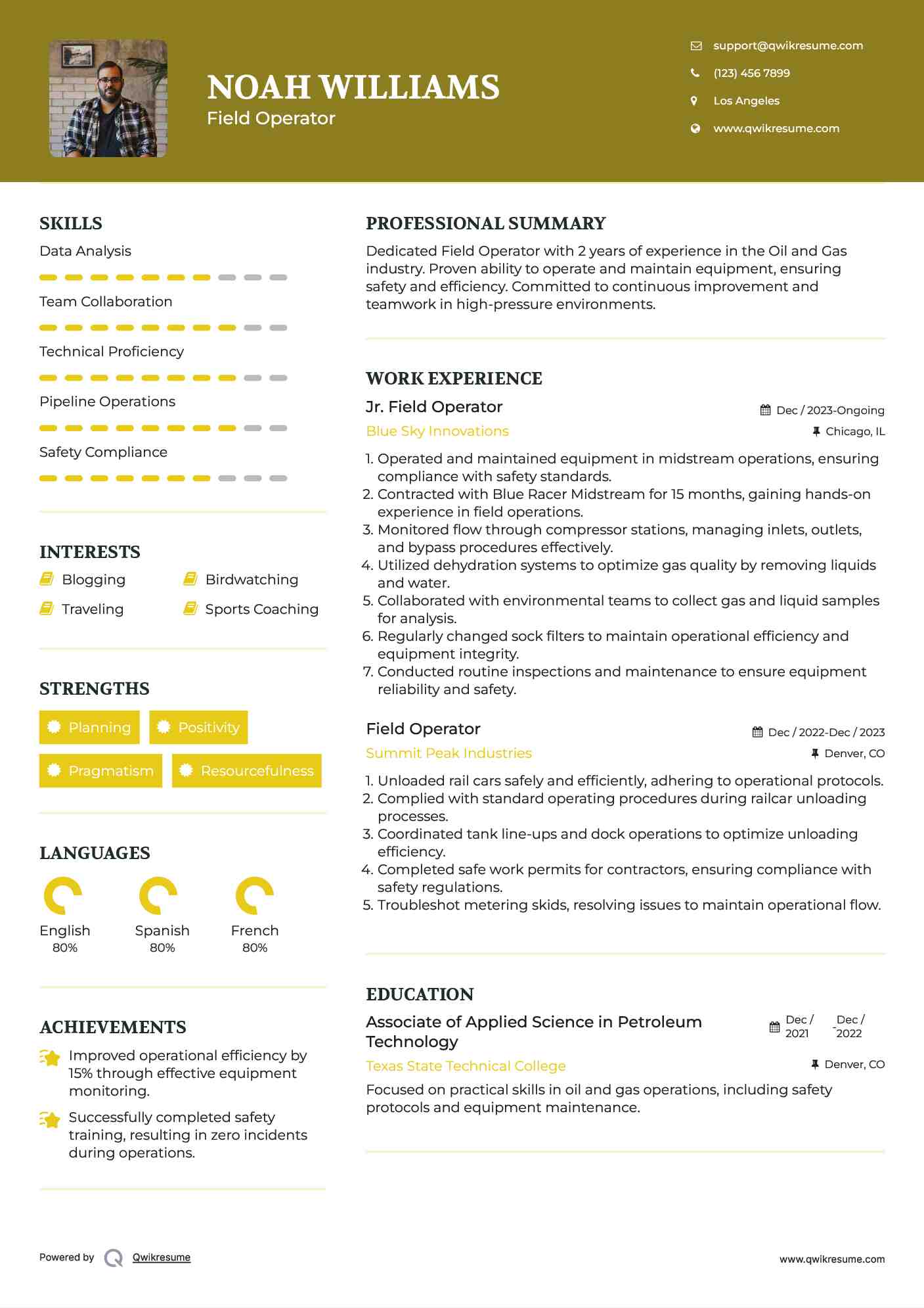 Jr. Field Operator Resume Format