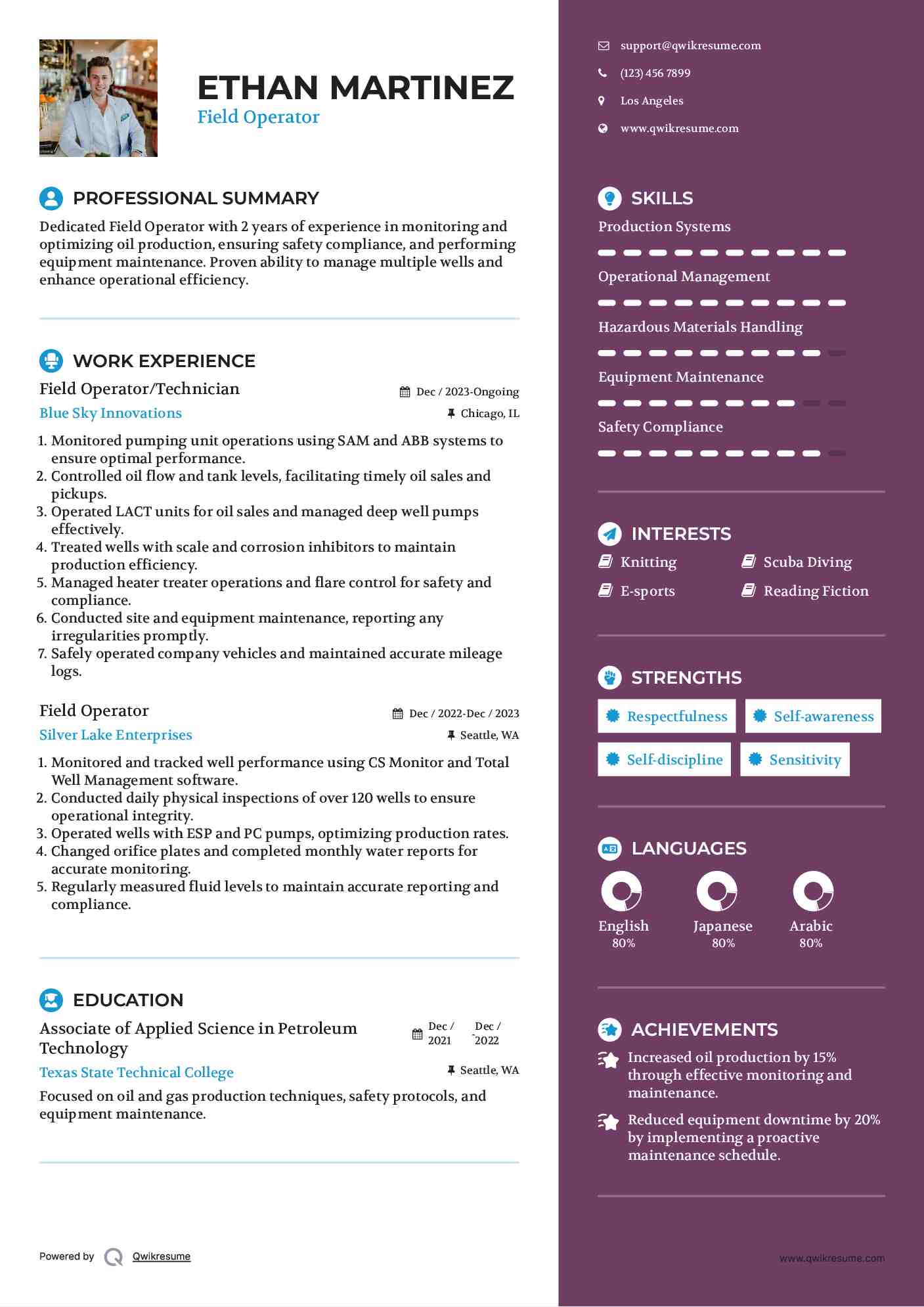 Field Operator/Technician Resume Example