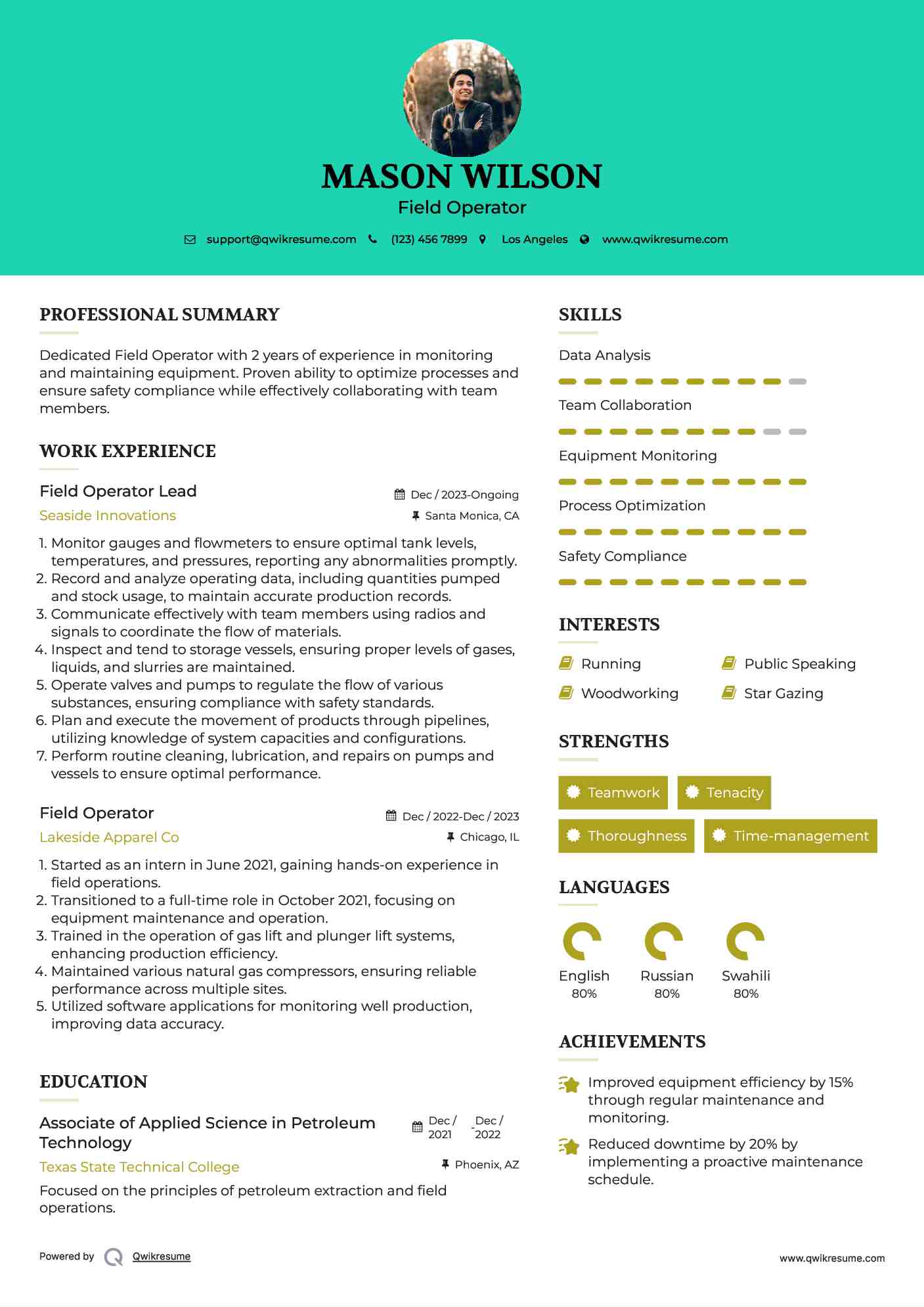 Field Operator Lead Resume Example