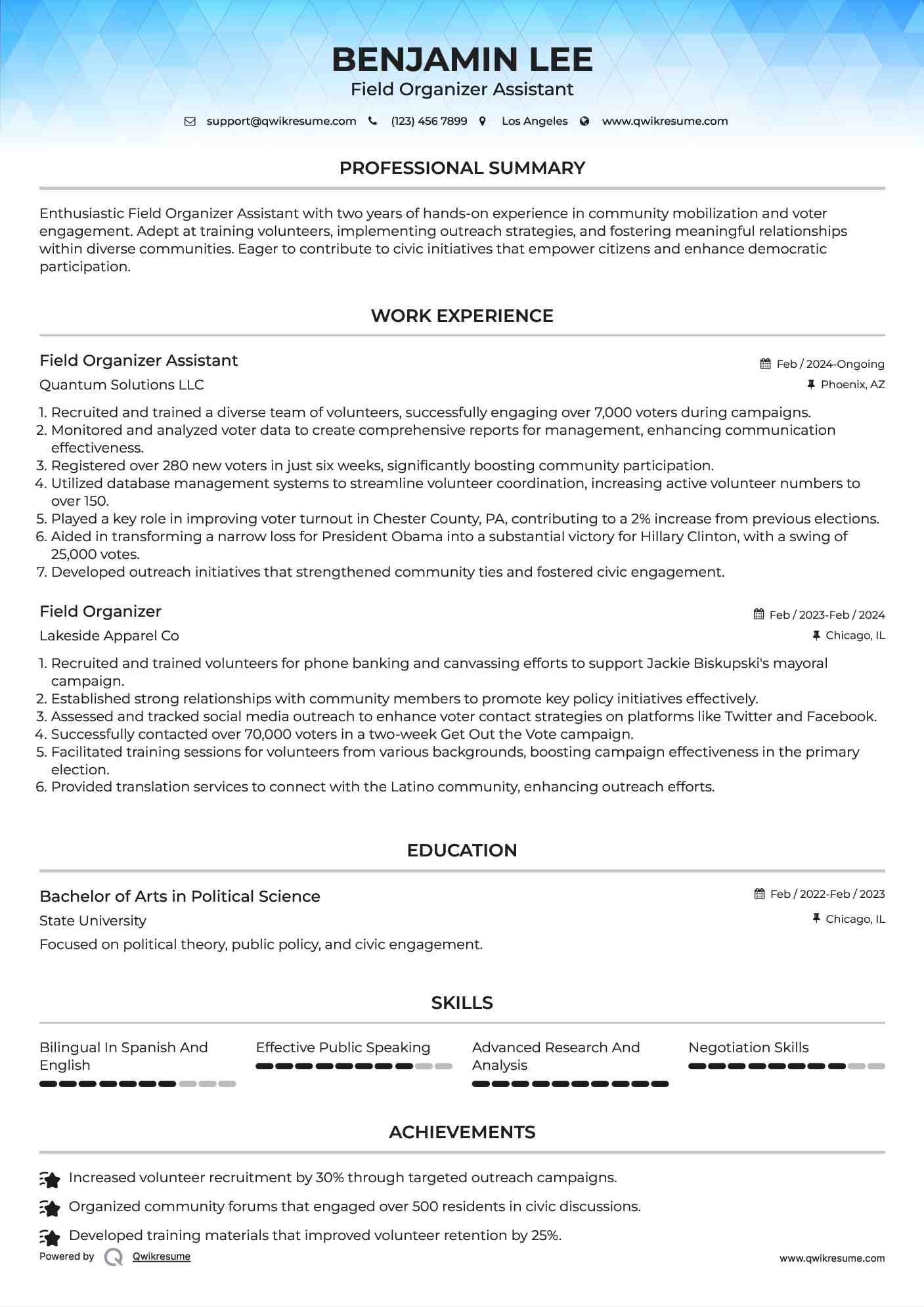 Field Organizer Assistant Resume Example