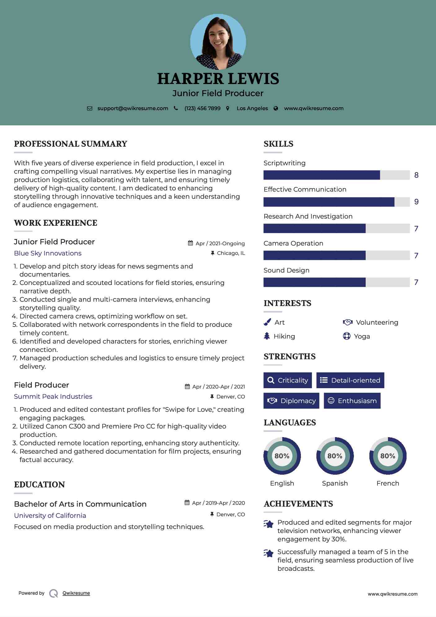 Junior Field Producer Resume Sample