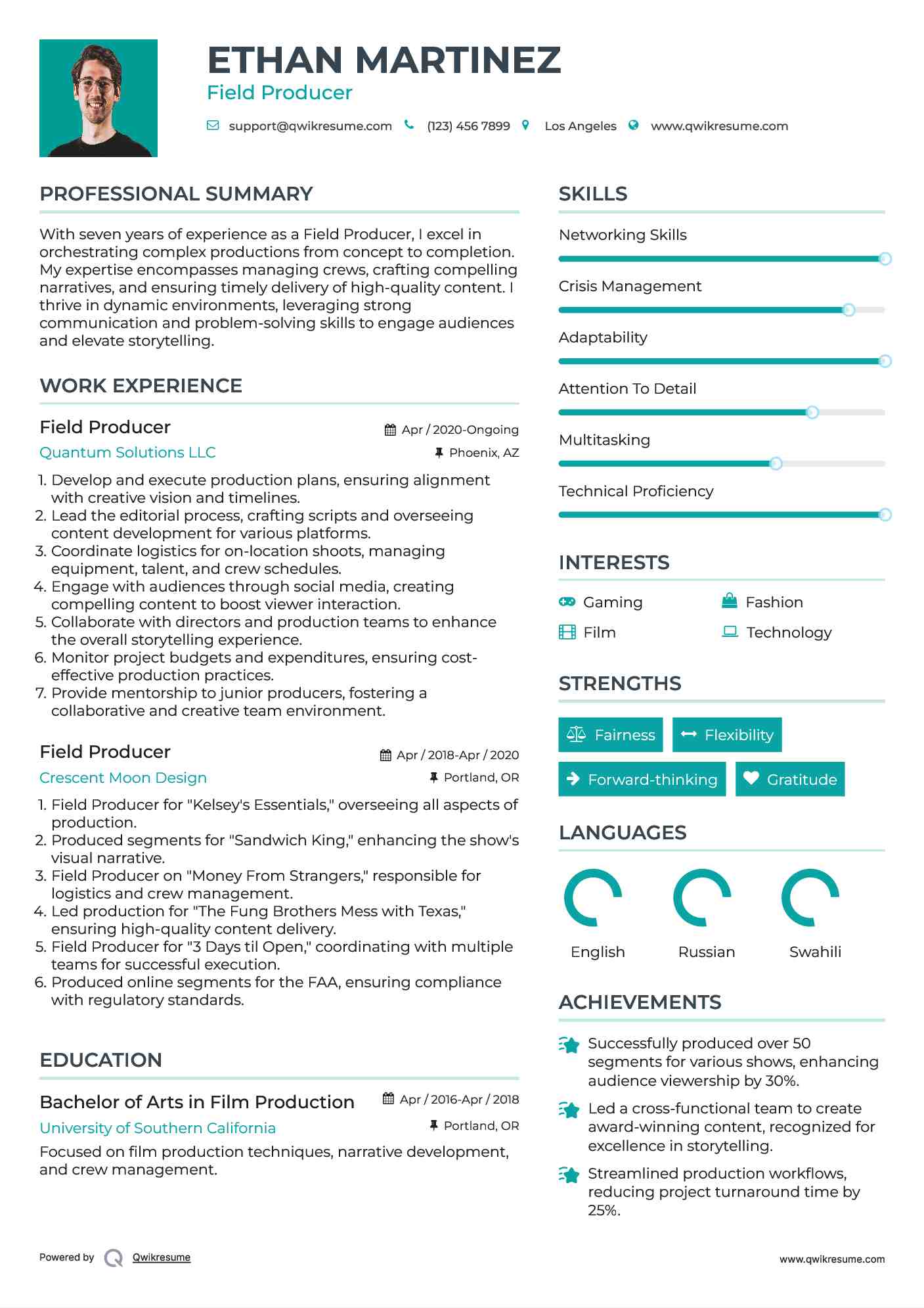 Field Producer Resume Model