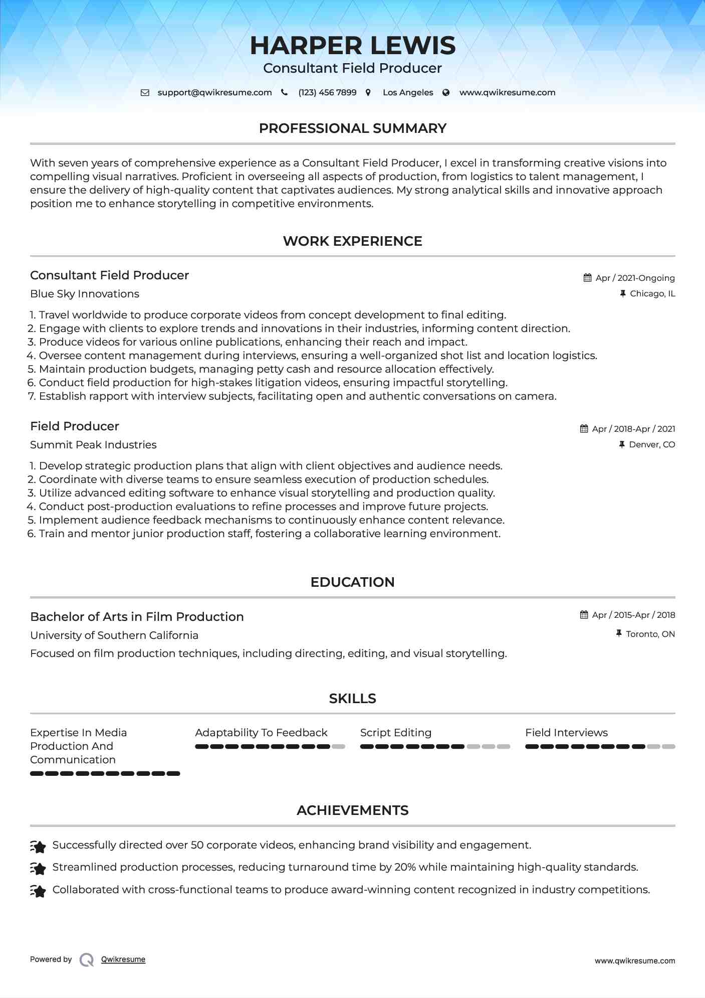 Consultant Field Producer Resume Example