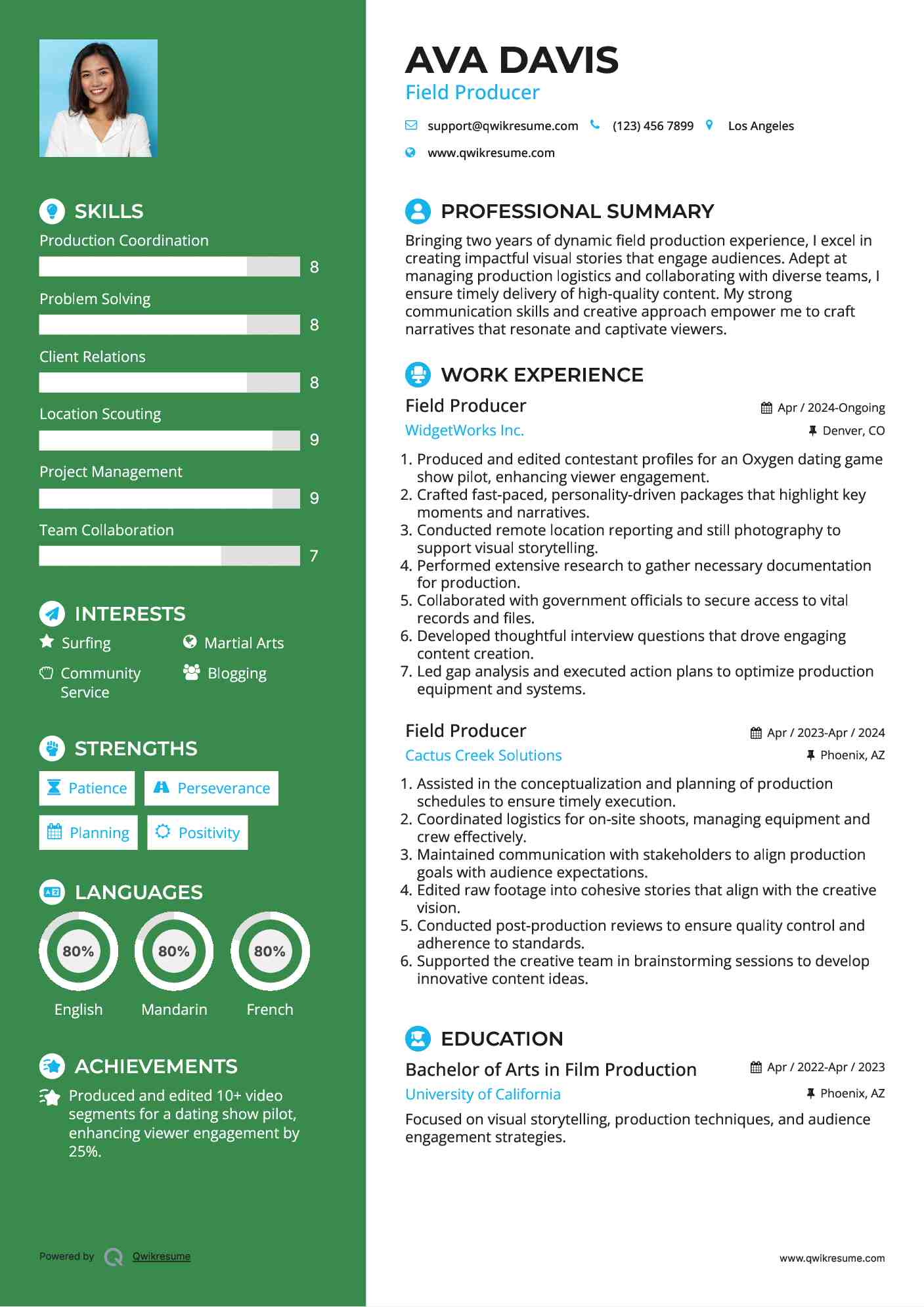 Field Producer Resume Example