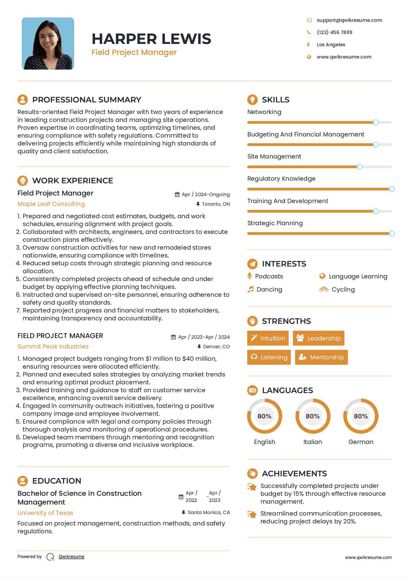 Field Project Manager Resume Format