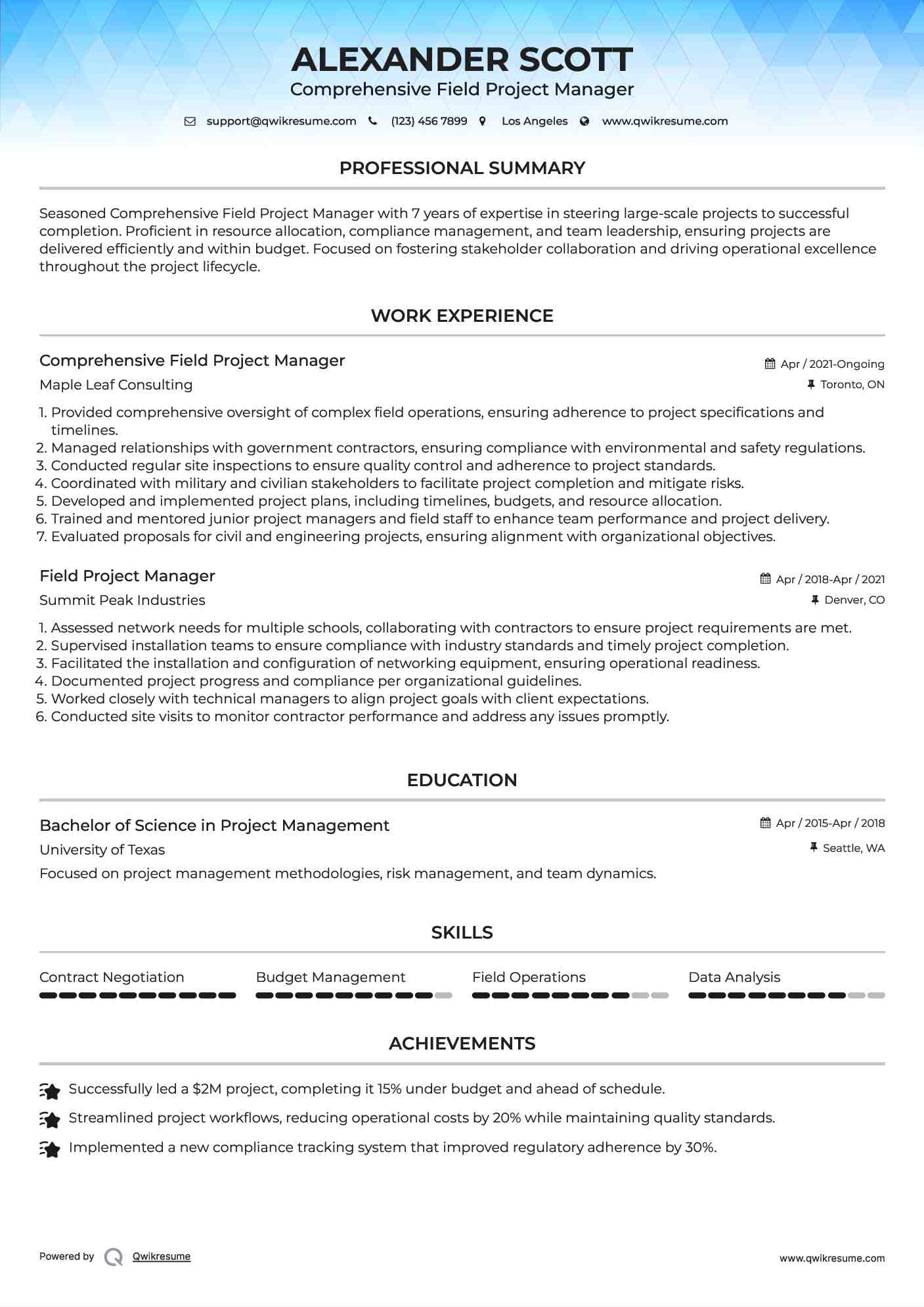 Comprehensive Field Project Manager Resume Model