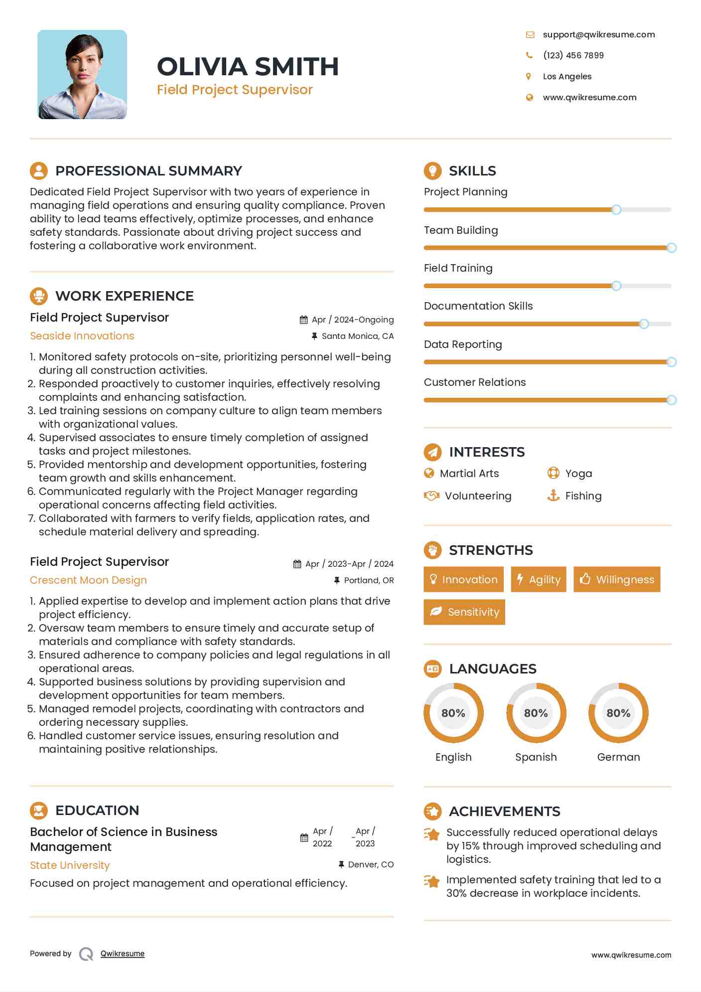 Field Project Supervisor Resume Model