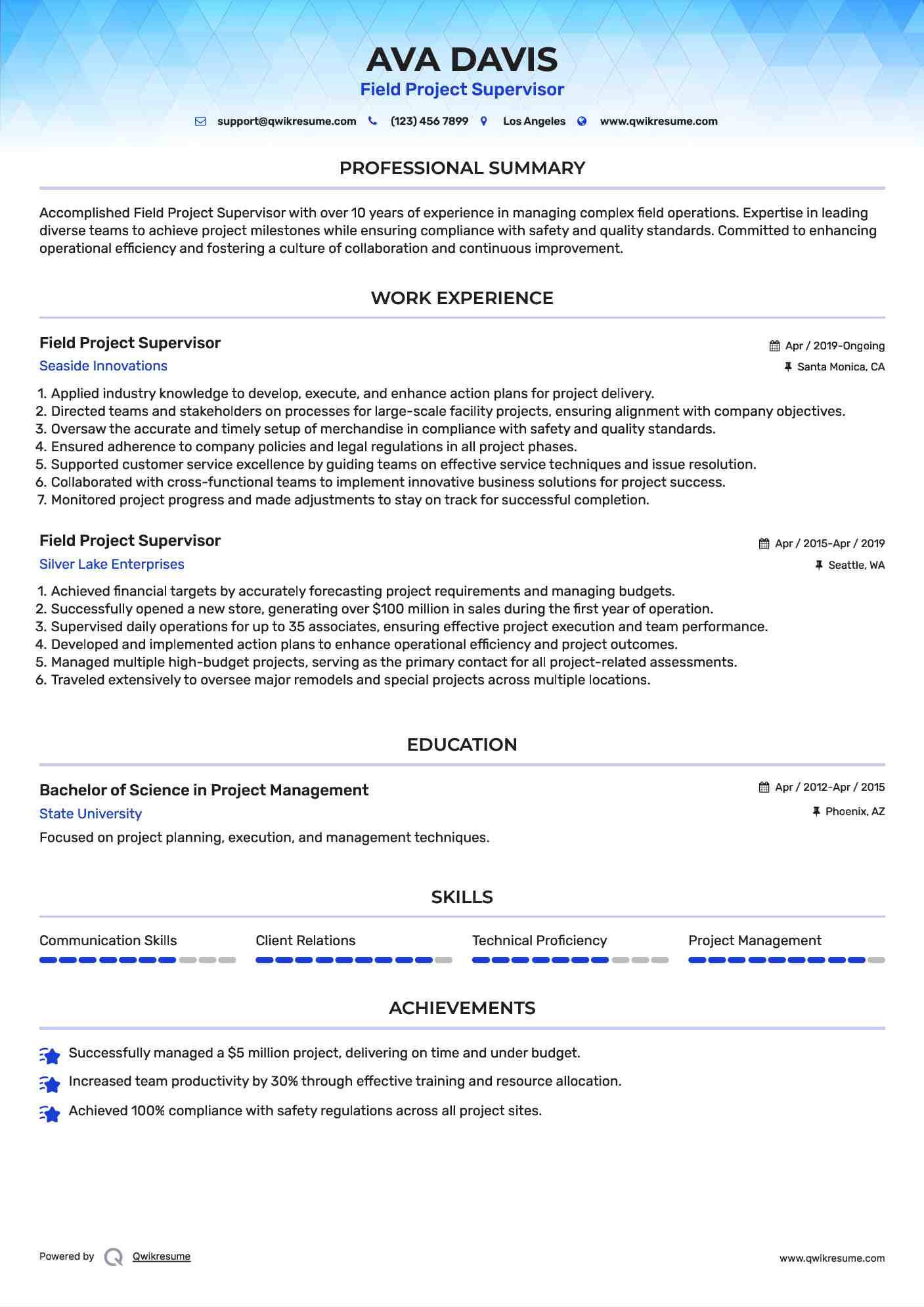 Field Project Supervisor Resume Model