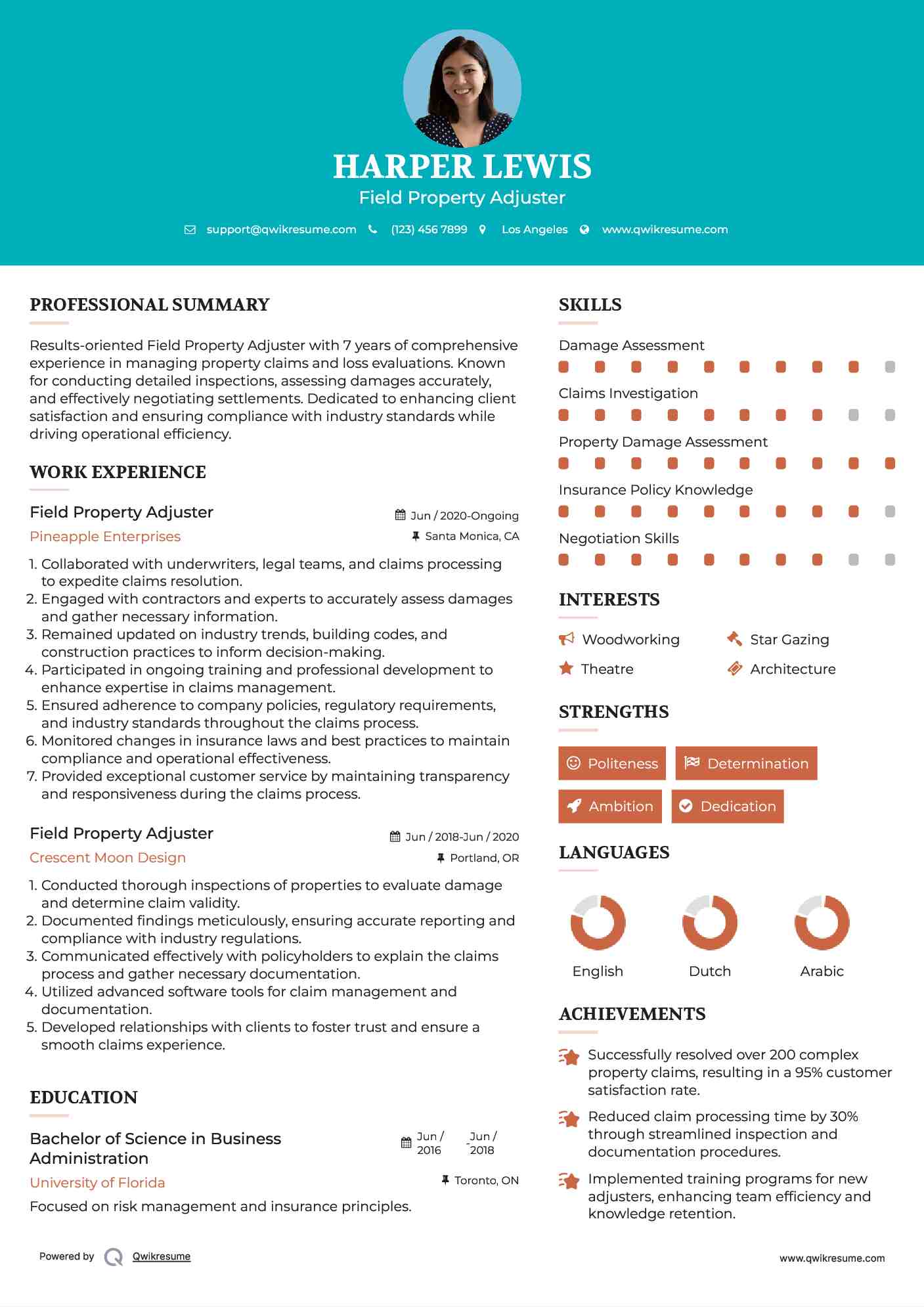 Field Property Adjuster Resume Model