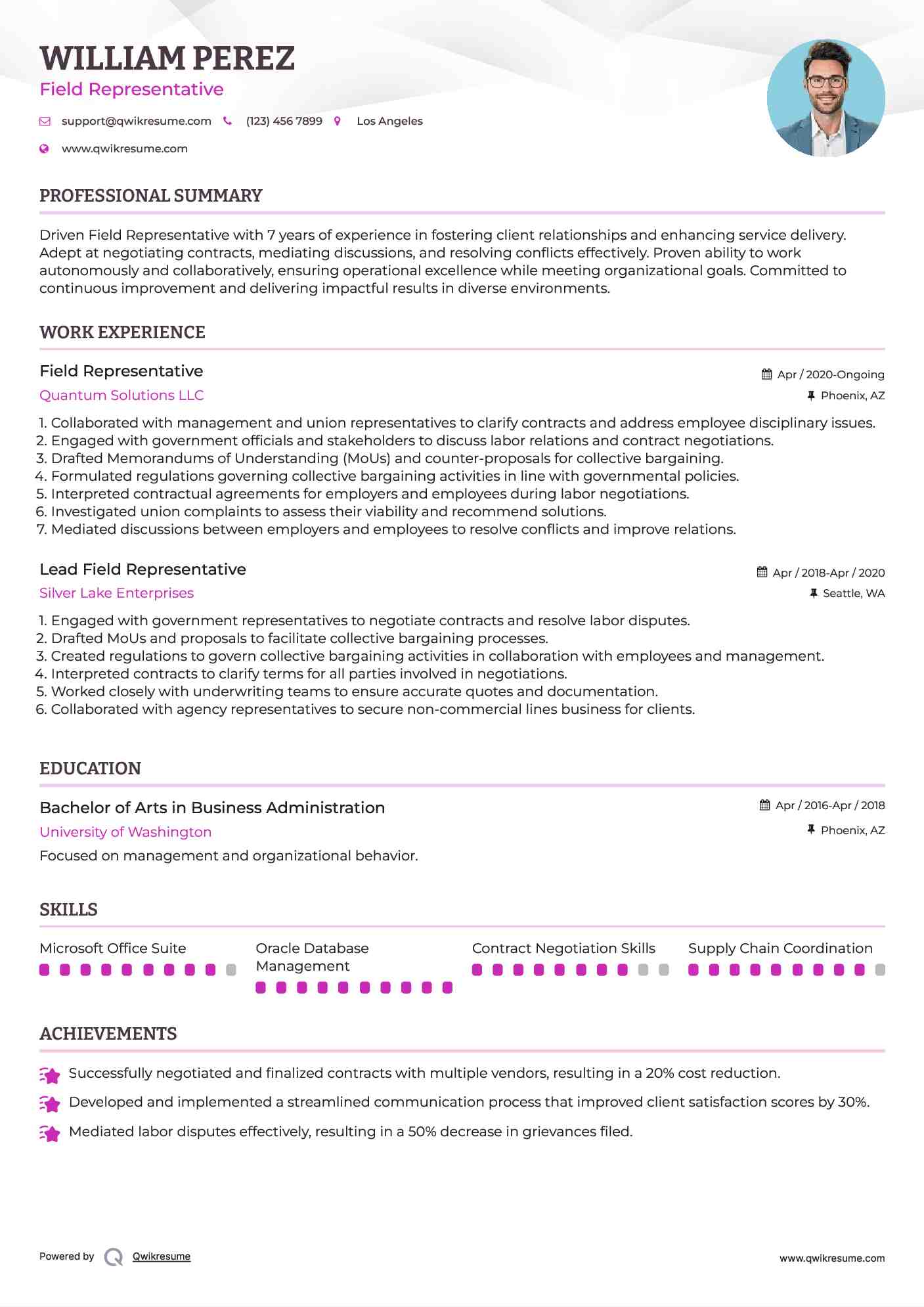 Field Representative Resume Sample