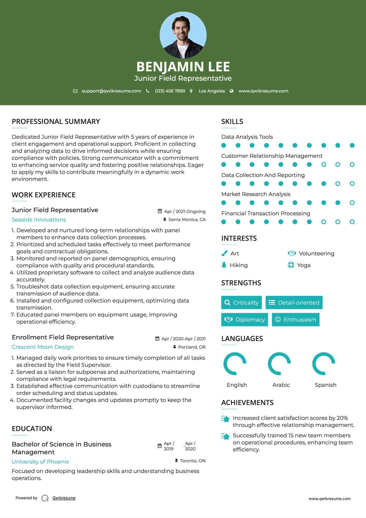 Junior Field Representative Resume Template