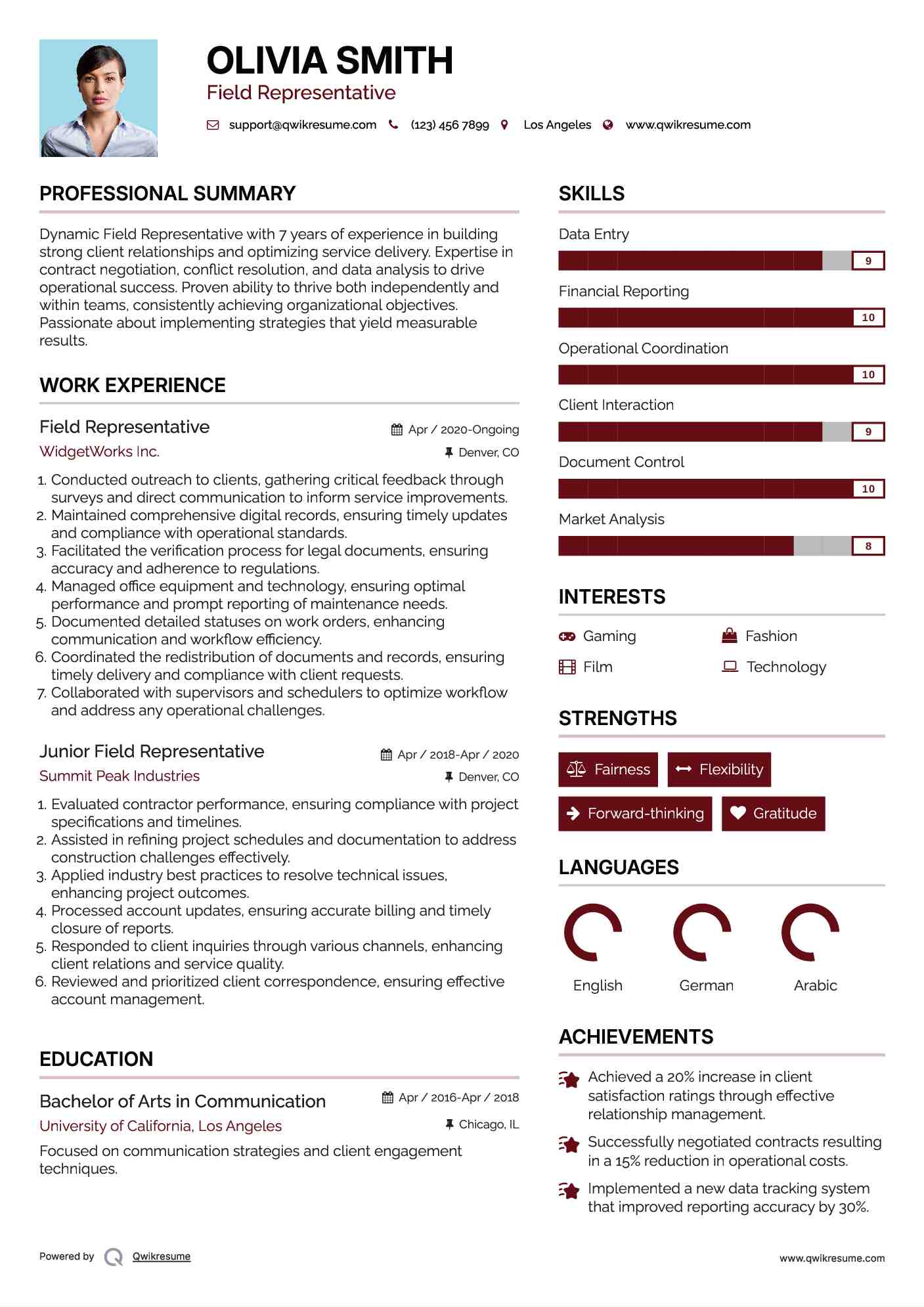 Field Representative Resume Model
