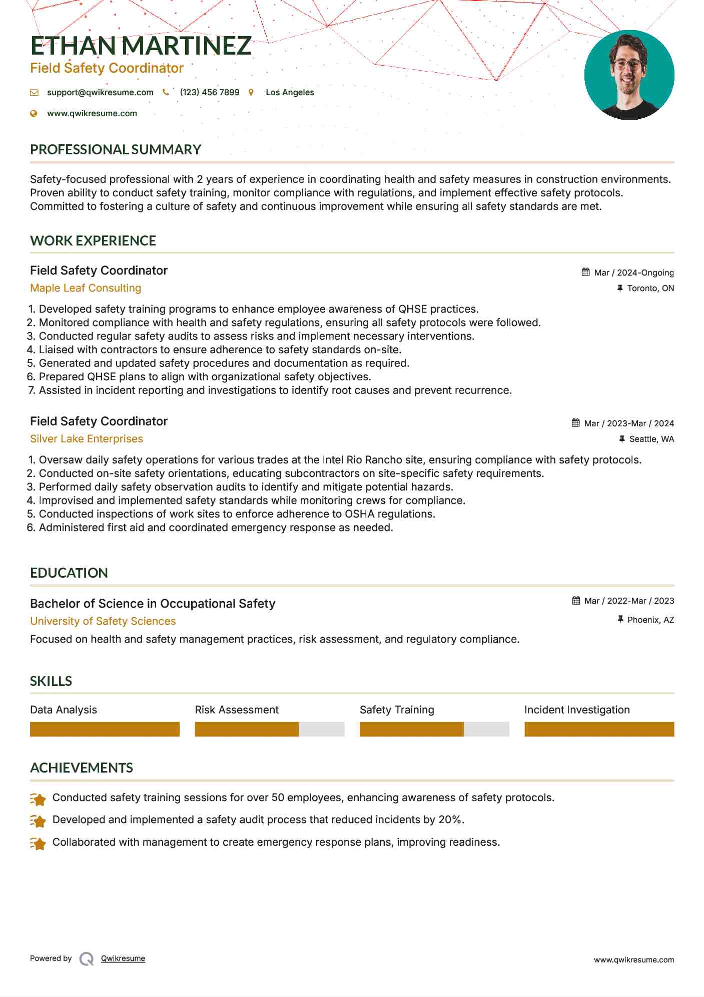 Field Safety Coordinator Resume Example
