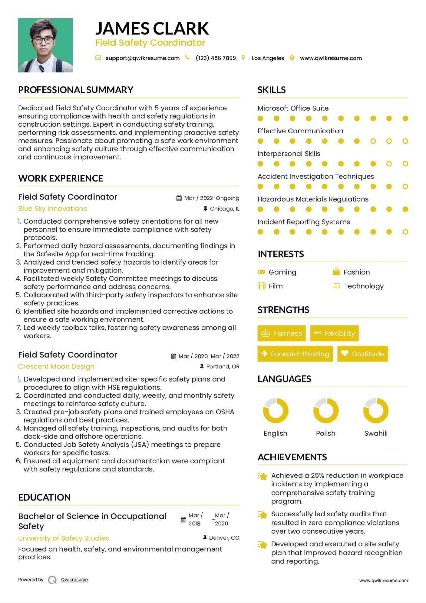 Field Safety Coordinator Resume Template