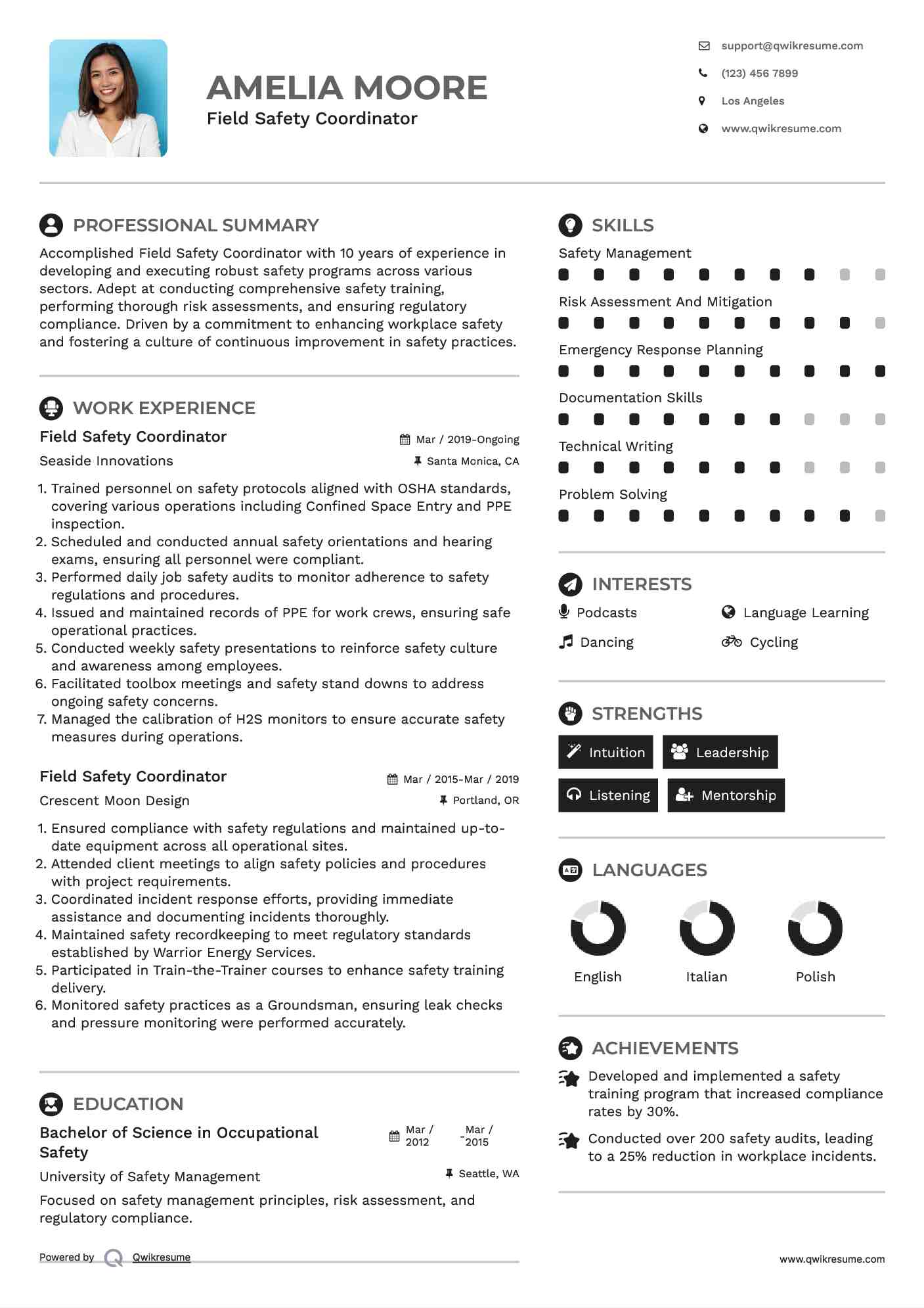 Field Safety Coordinator Resume Sample