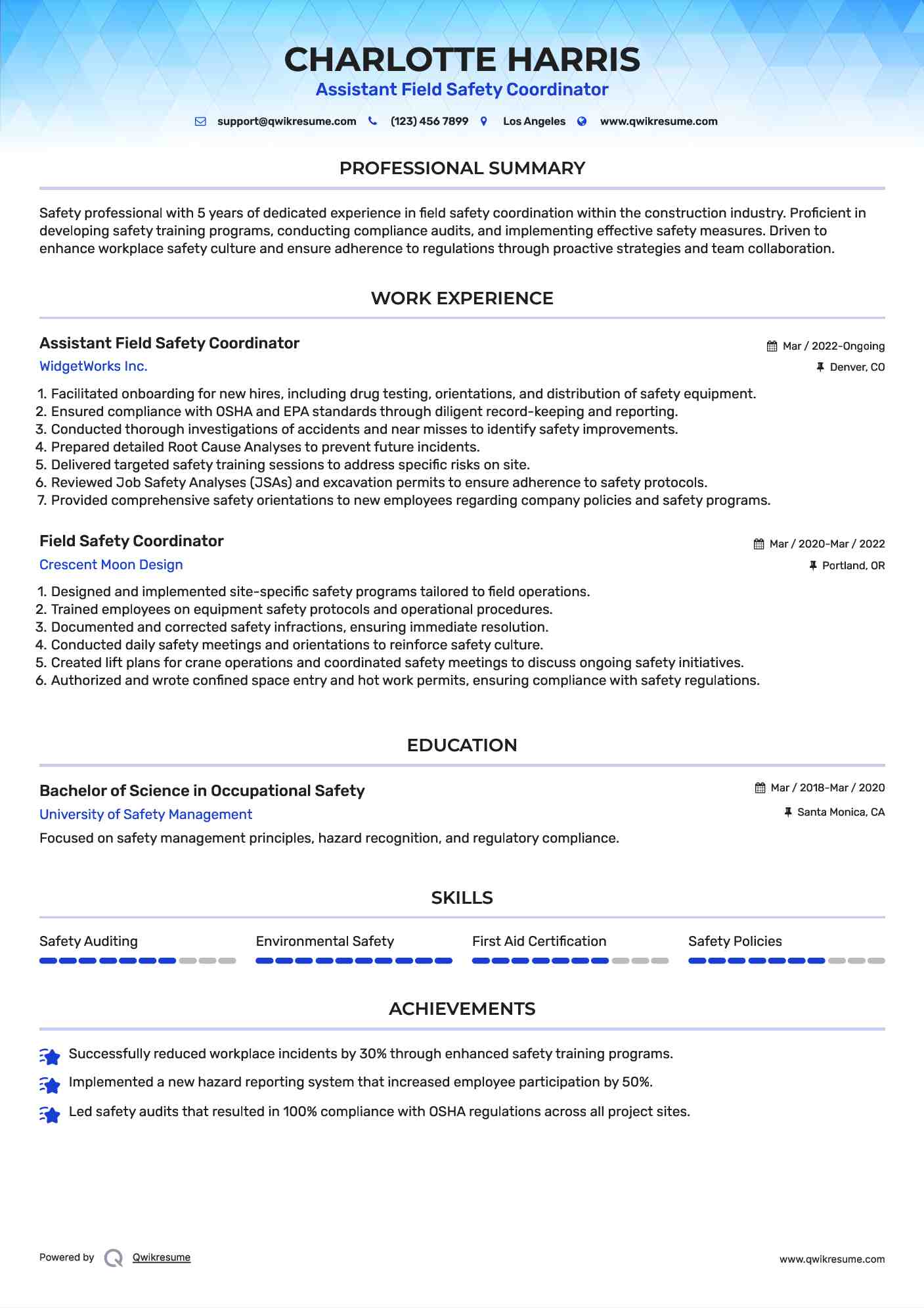 Assistant Field Safety Coordinator Resume Format