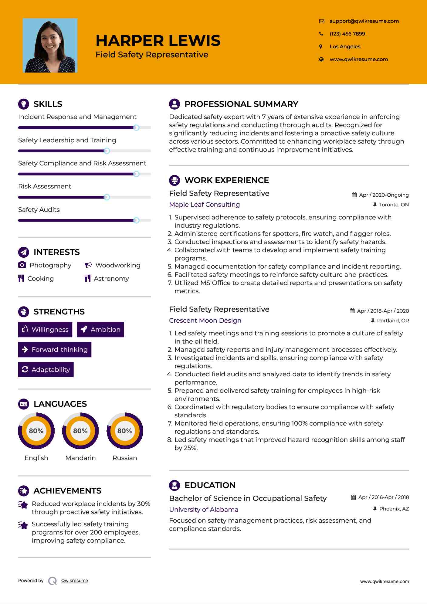 Field Safety Representative Resume Model