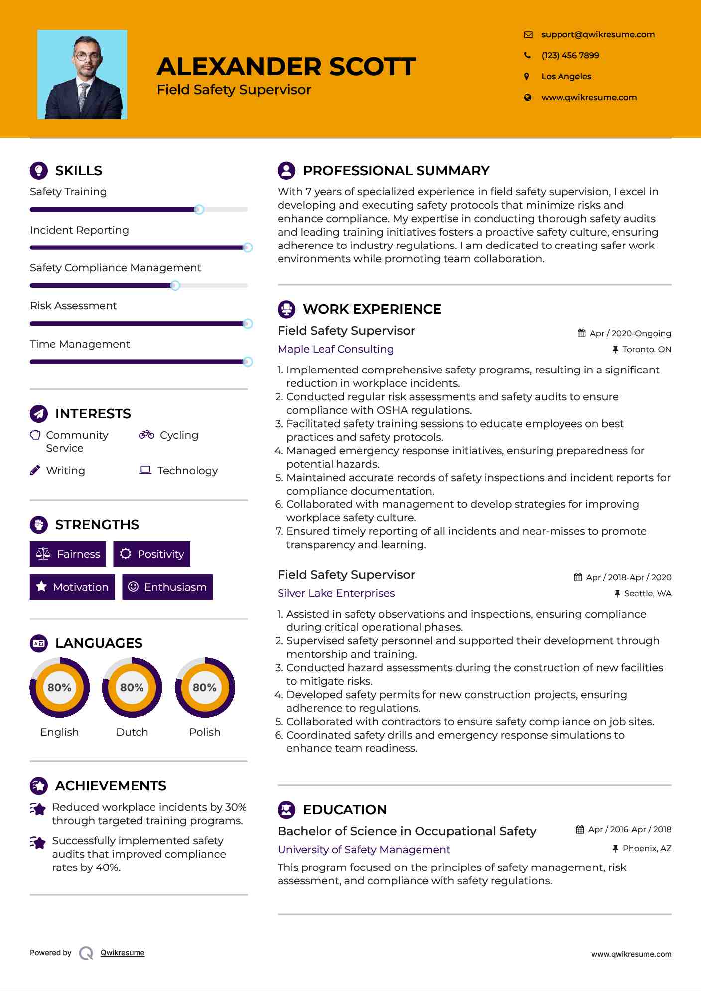 Field Safety Supervisor Resume Template