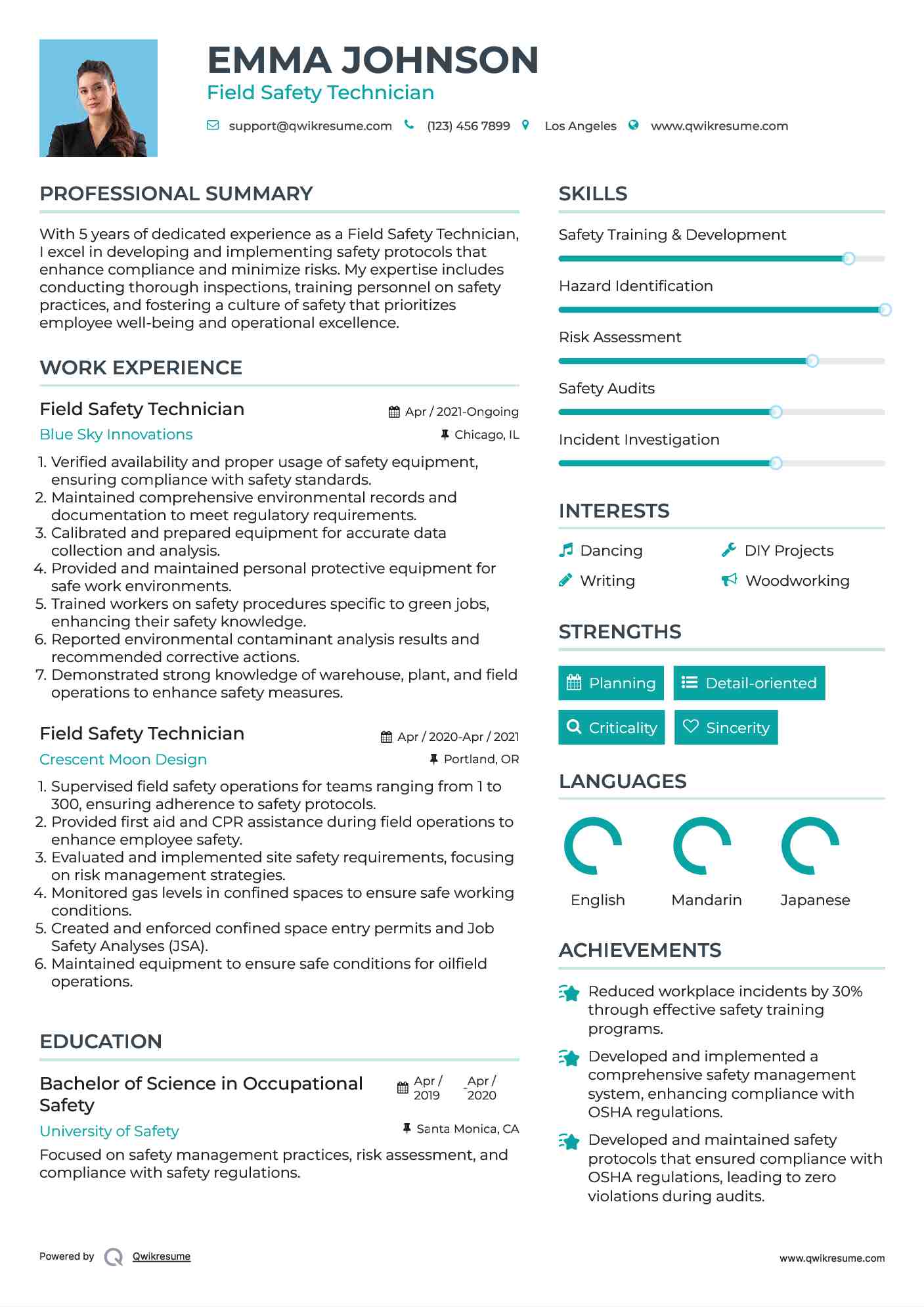 Field Safety Technician Resume Model