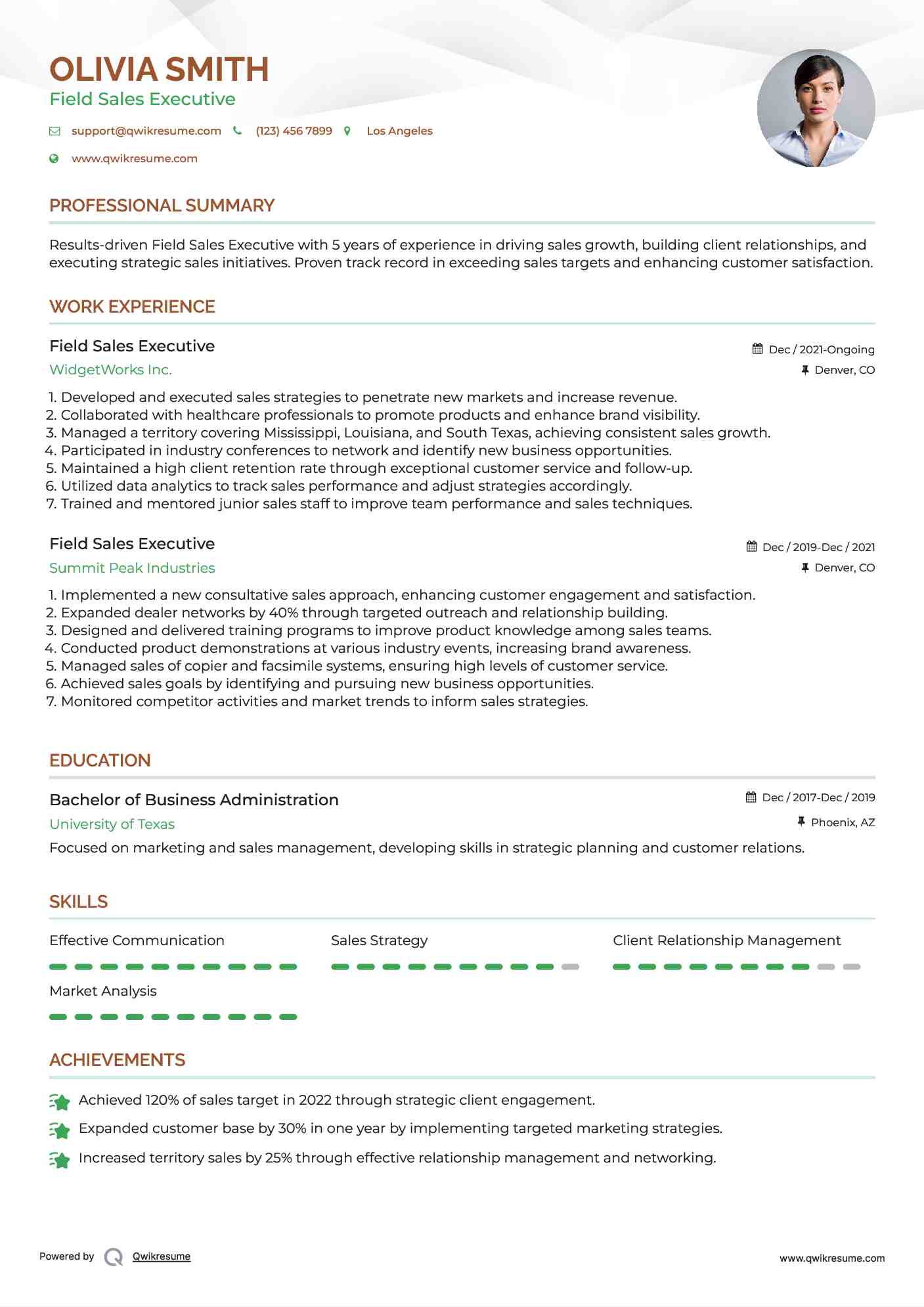 Field Sales Executive Resume Samples QwikResume