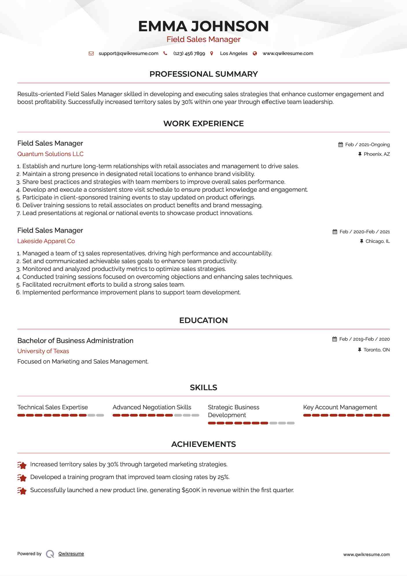 Field Sales Manager Resume Template