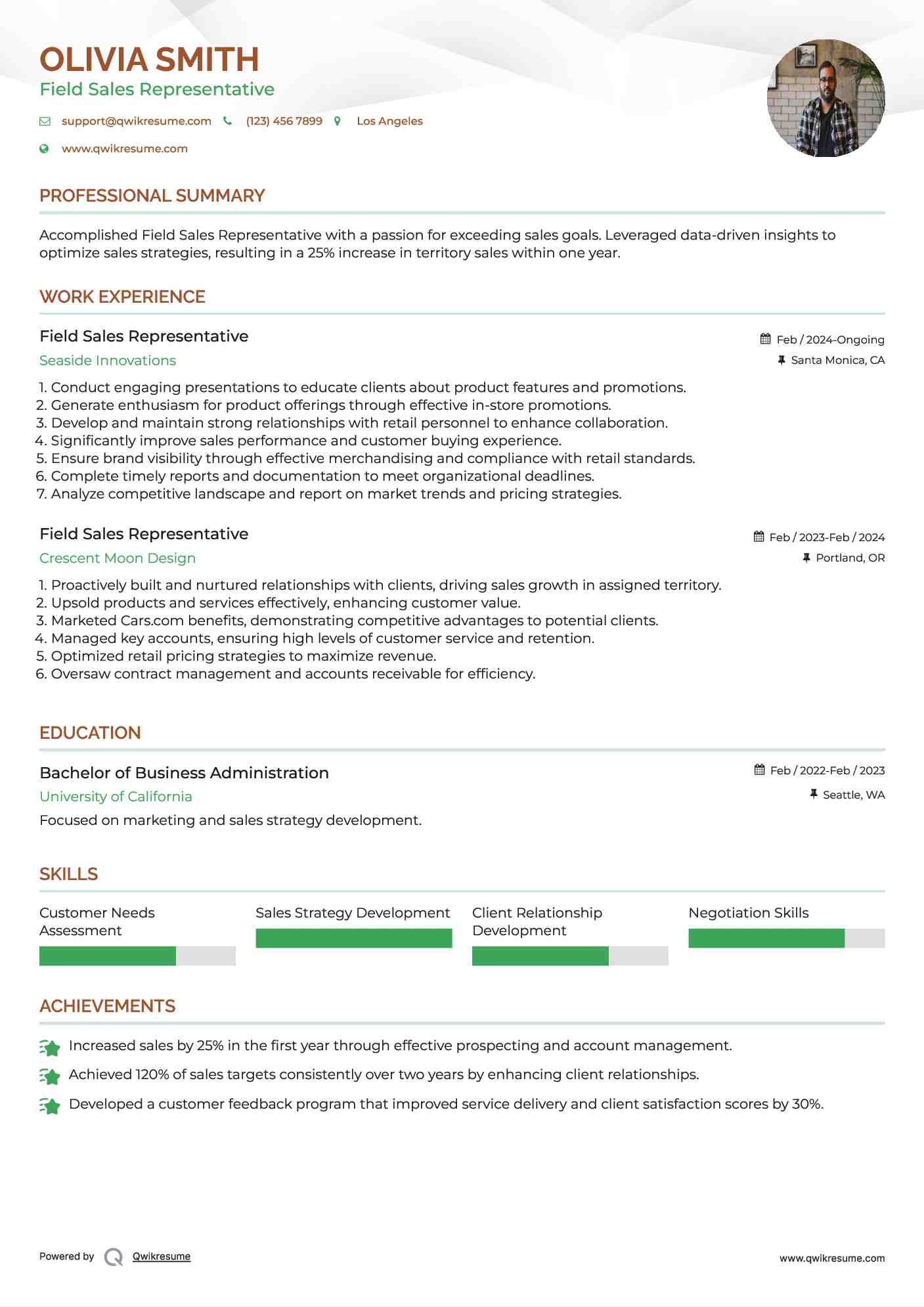 Field Sales Representative Resume Example