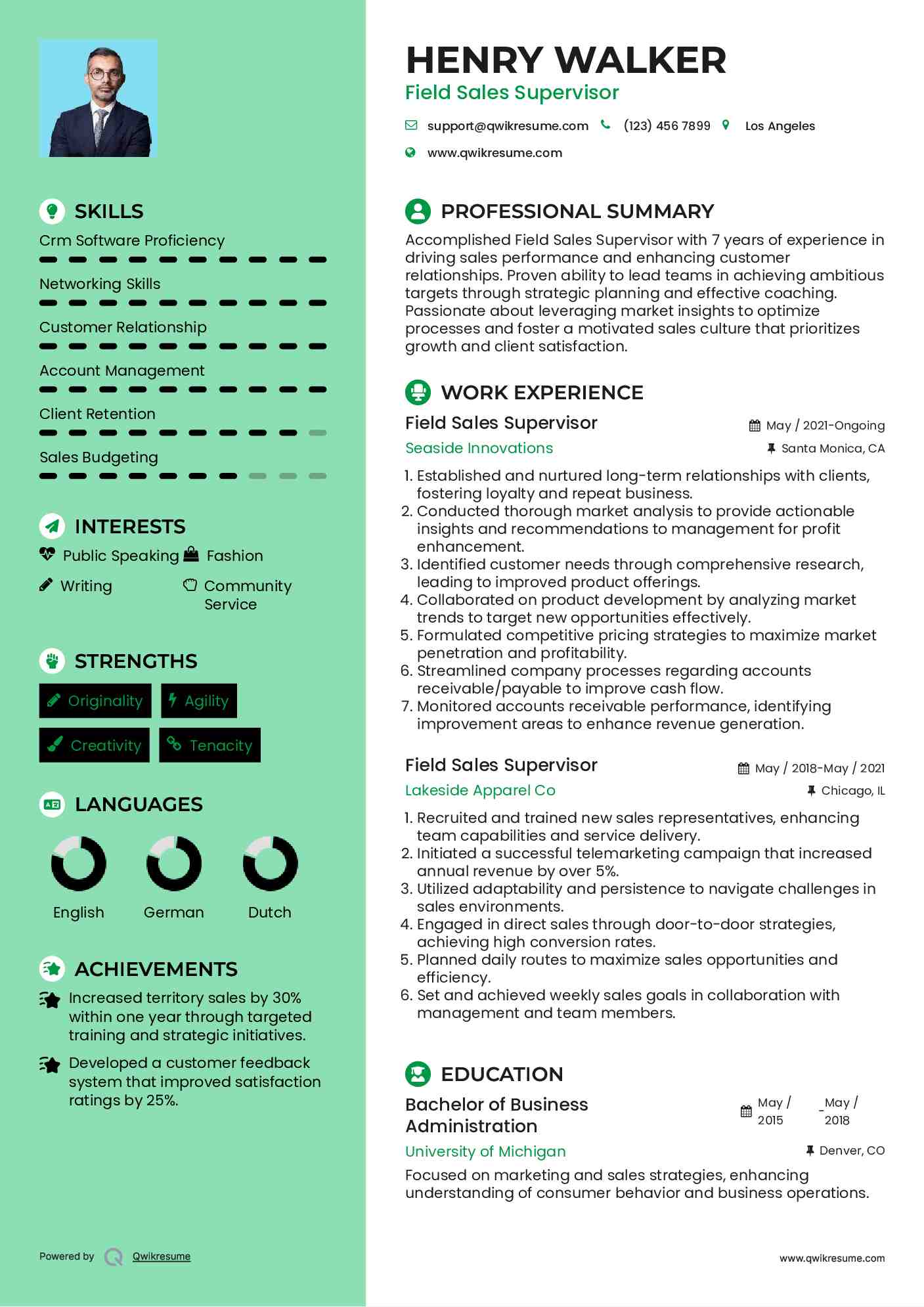 Field Sales Supervisor Resume Sample